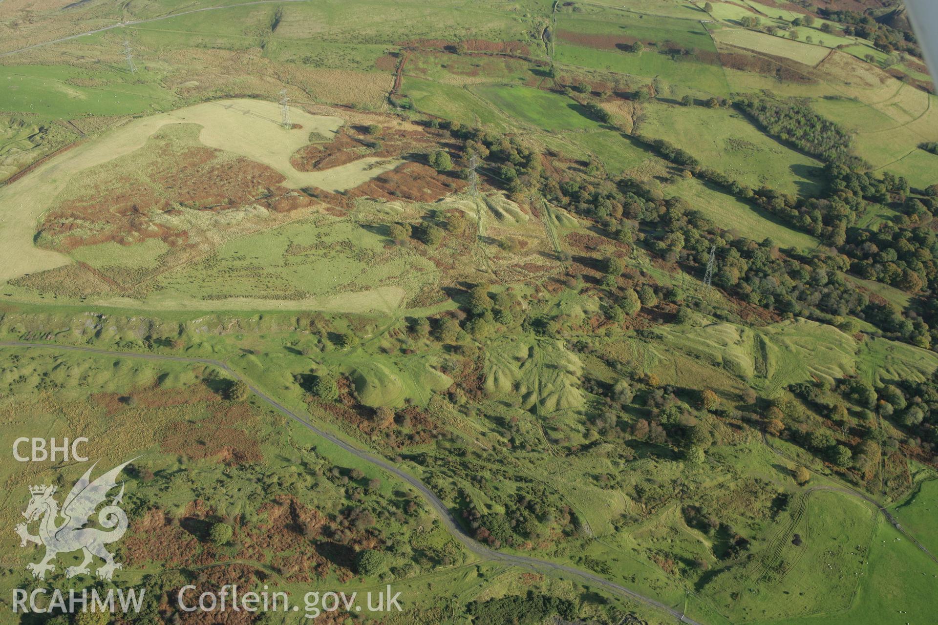 RCAHMW colour oblique photograph of Ironstone levels east of Plymouth Ironworks, Merthyr Tydfil. Taken by Toby Driver on 16/10/2008.