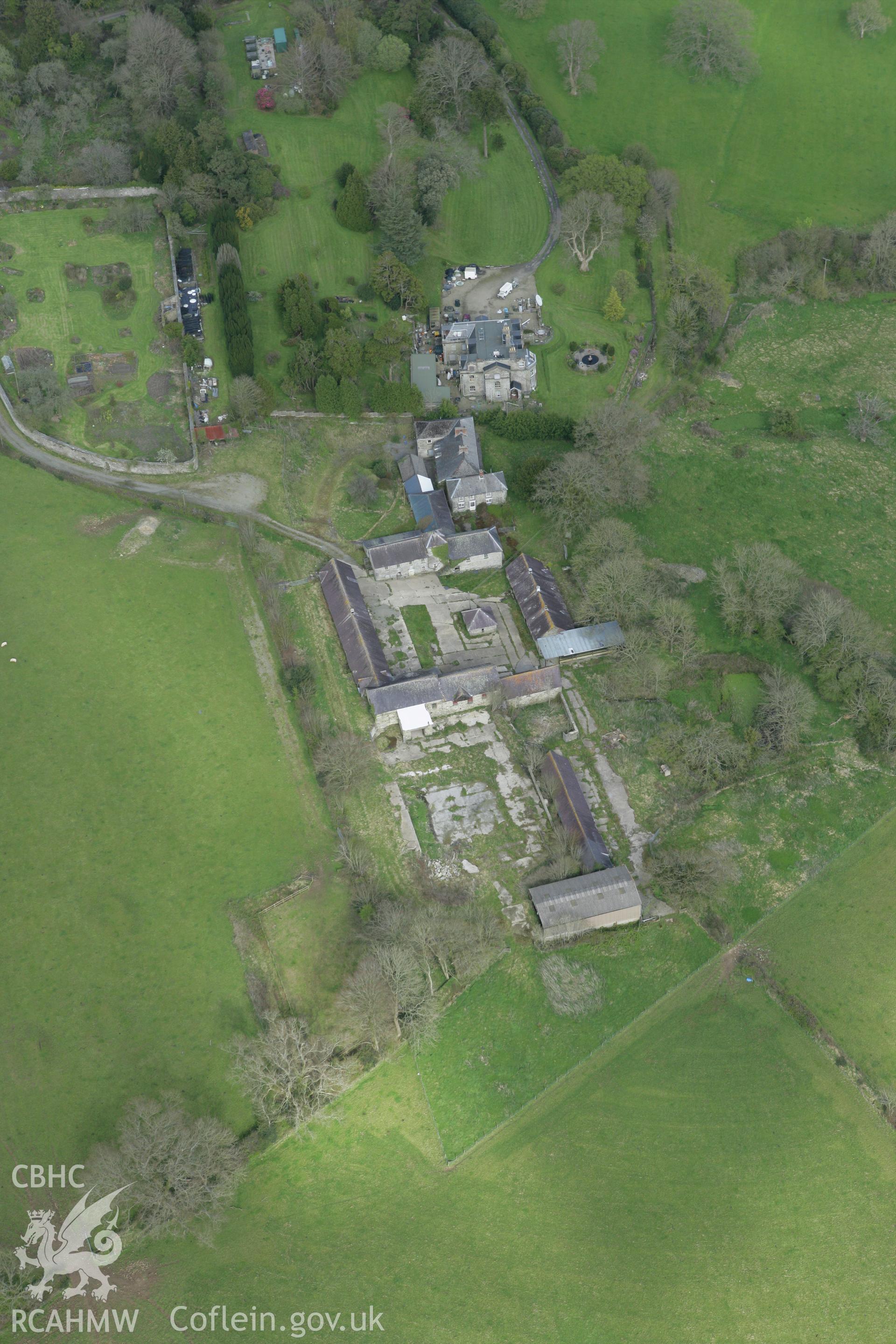 RCAHMW colour oblique photograph of Pentre Mansion and gardens, Newchapel. Taken by Toby Driver on 24/04/2008.