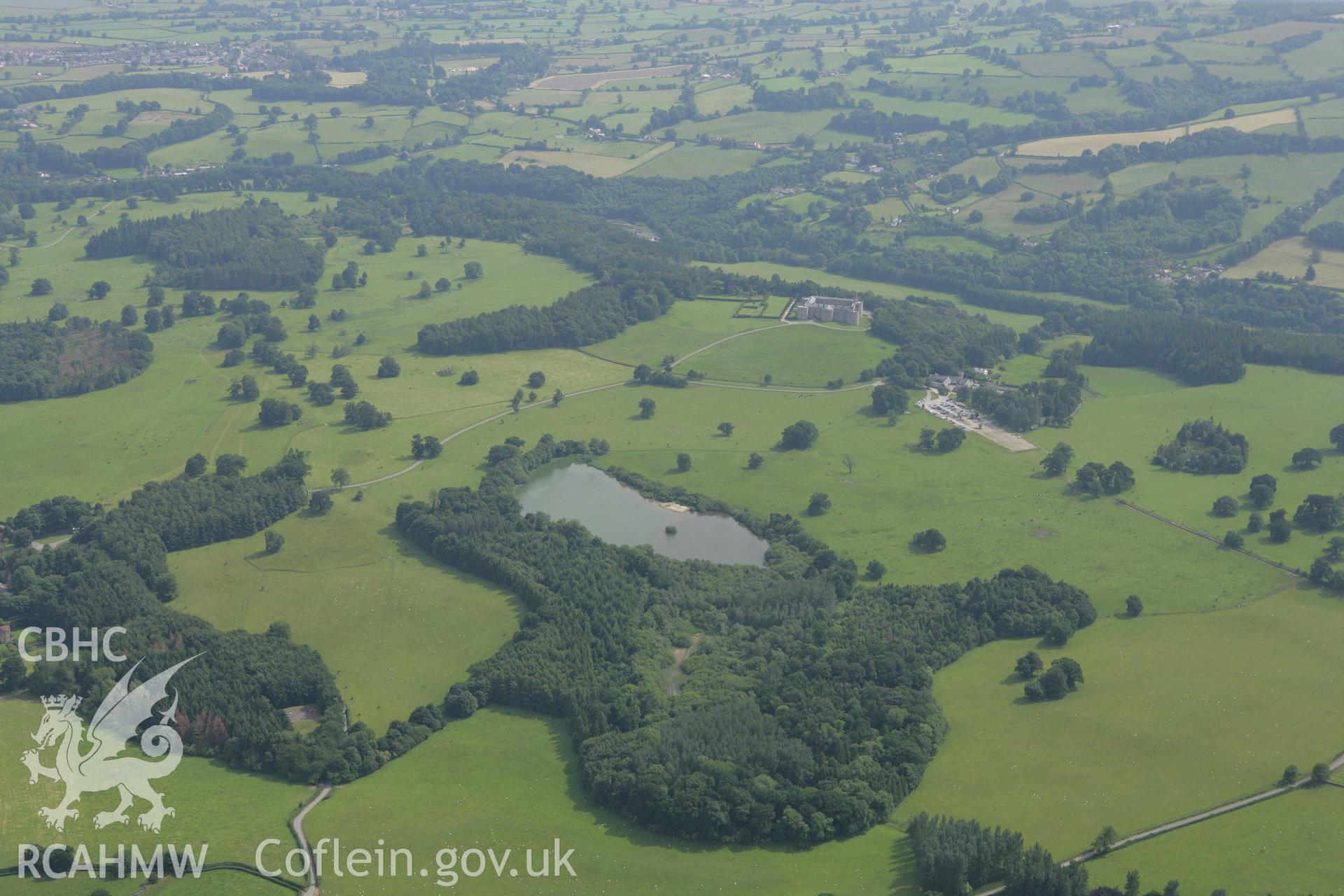 RCAHMW colour oblique photograph of Offa's Dyke, sections at Chirk Park extending north-east from the lake and then 340m north-east of Home Farm. Taken by Toby Driver on 01/07/2008.