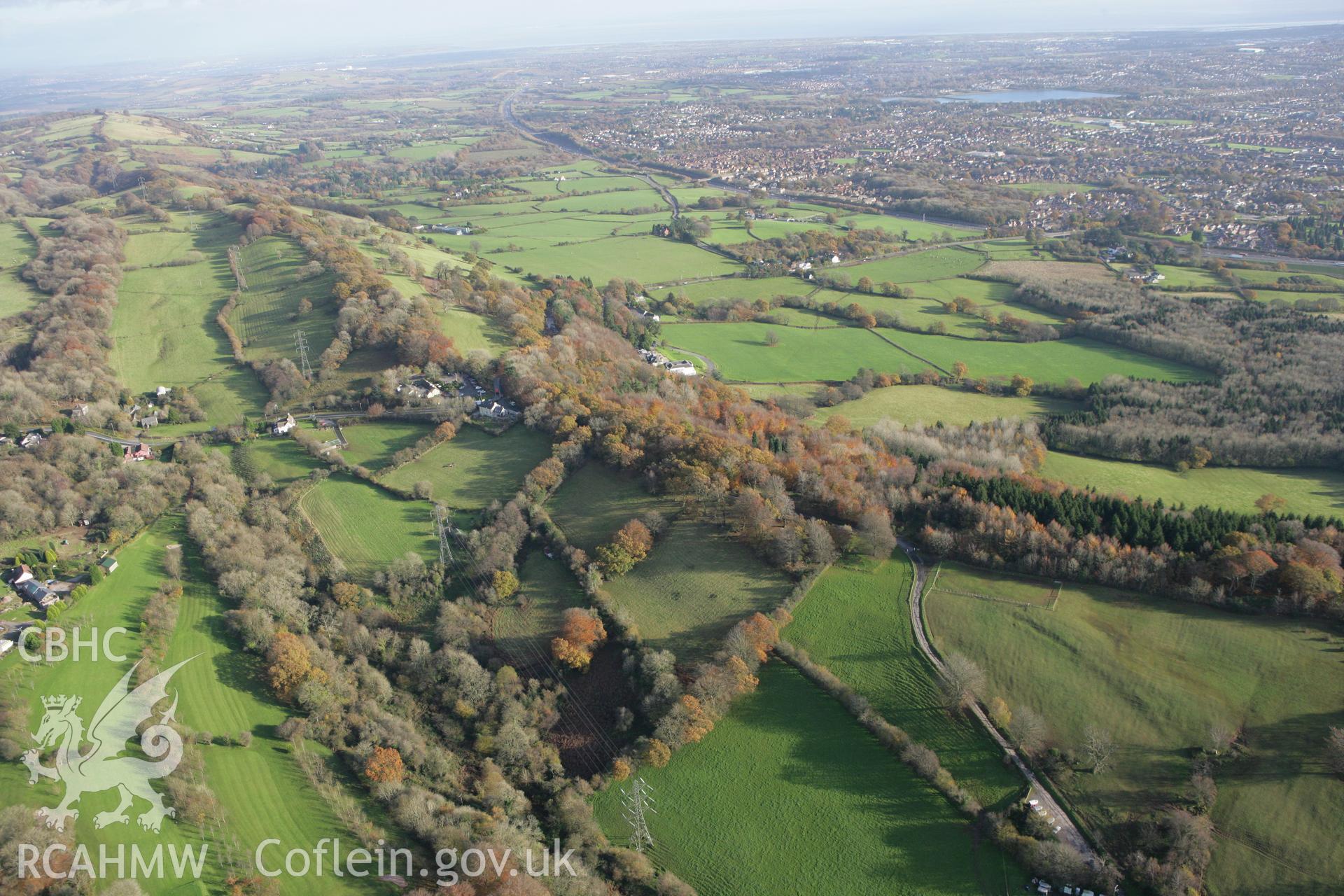 RCAHMW colour oblique photograph of Castell-y-briwydd, with autumn landscape. Taken by Toby Driver on 12/11/2008.