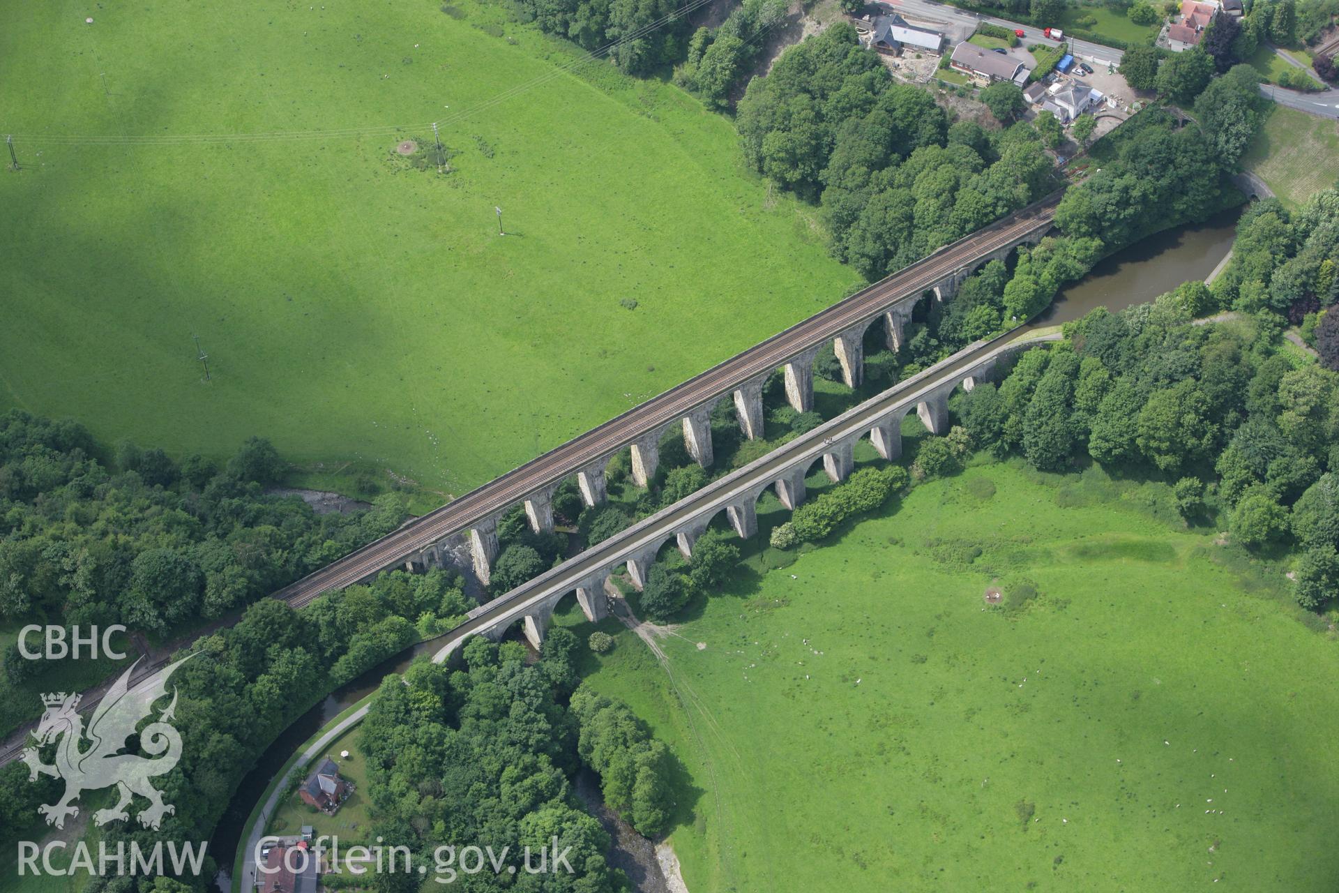 RCAHMW colour oblique photograph of Chirk Aqueduct and Railway Viaduct, Llangollen Canal. Taken by Toby Driver on 01/07/2008.