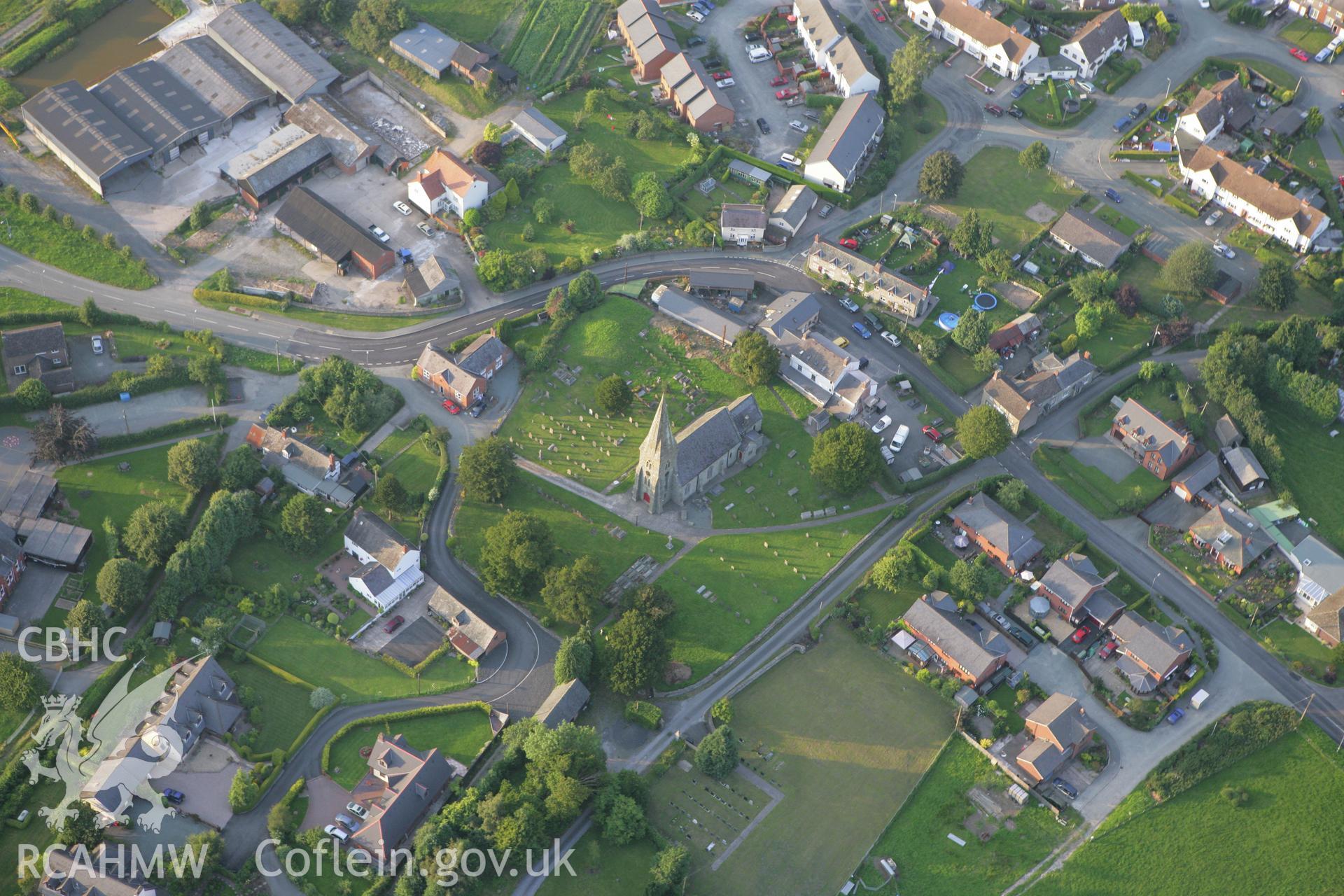 RCAHMW colour oblique photograph of St Garmon's Church, with Castle Mound, Castle Caereinion. Taken by Toby Driver on 24/07/2008.