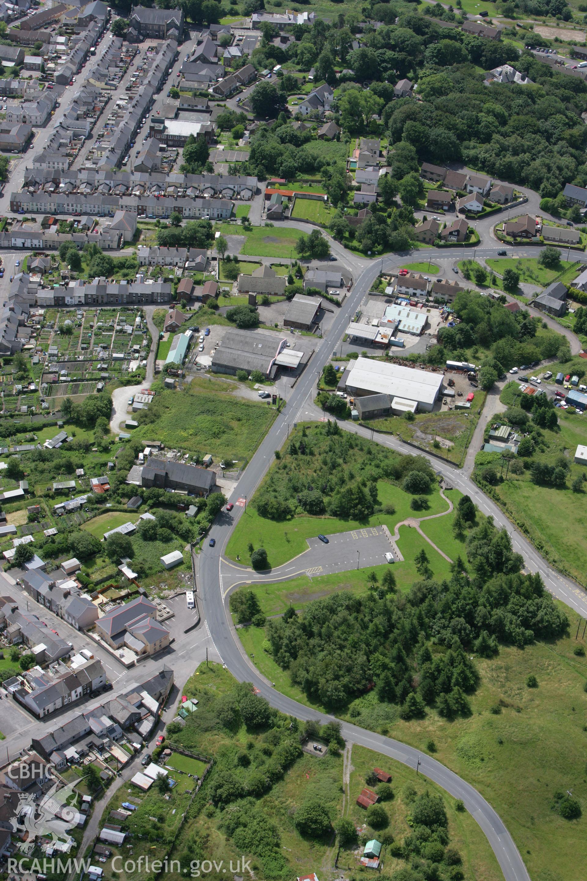 RCAHMW colour oblique photograph of Blaenavon townscape, from the north, with St Jame's Church and Bunker's Hill. Taken by Toby Driver on 21/07/2008.