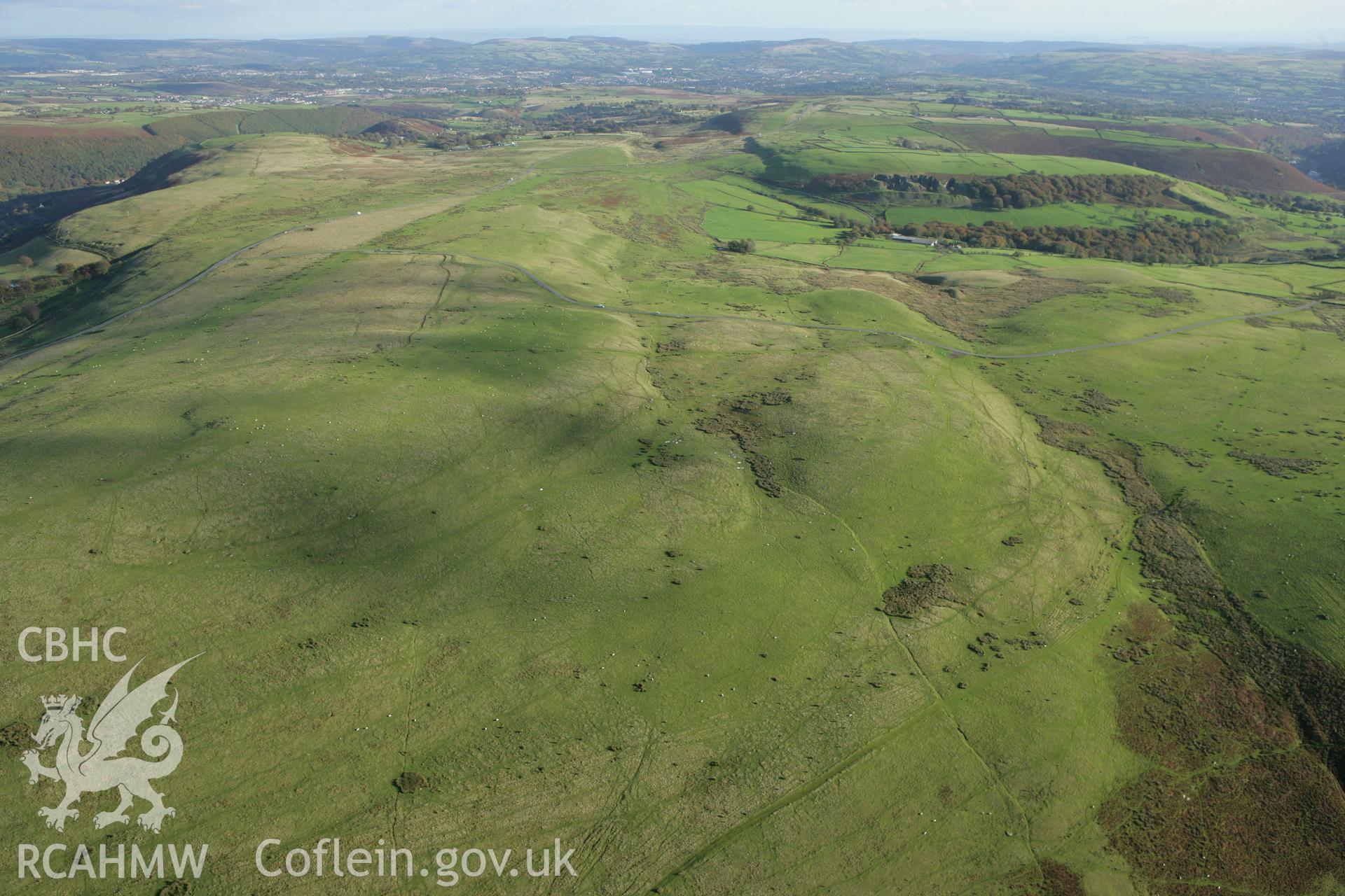 RCAHMW colour oblique photograph of Pen Garnbugail Ring Cairns, Gelligaer Common. Taken by Toby Driver on 16/10/2008.