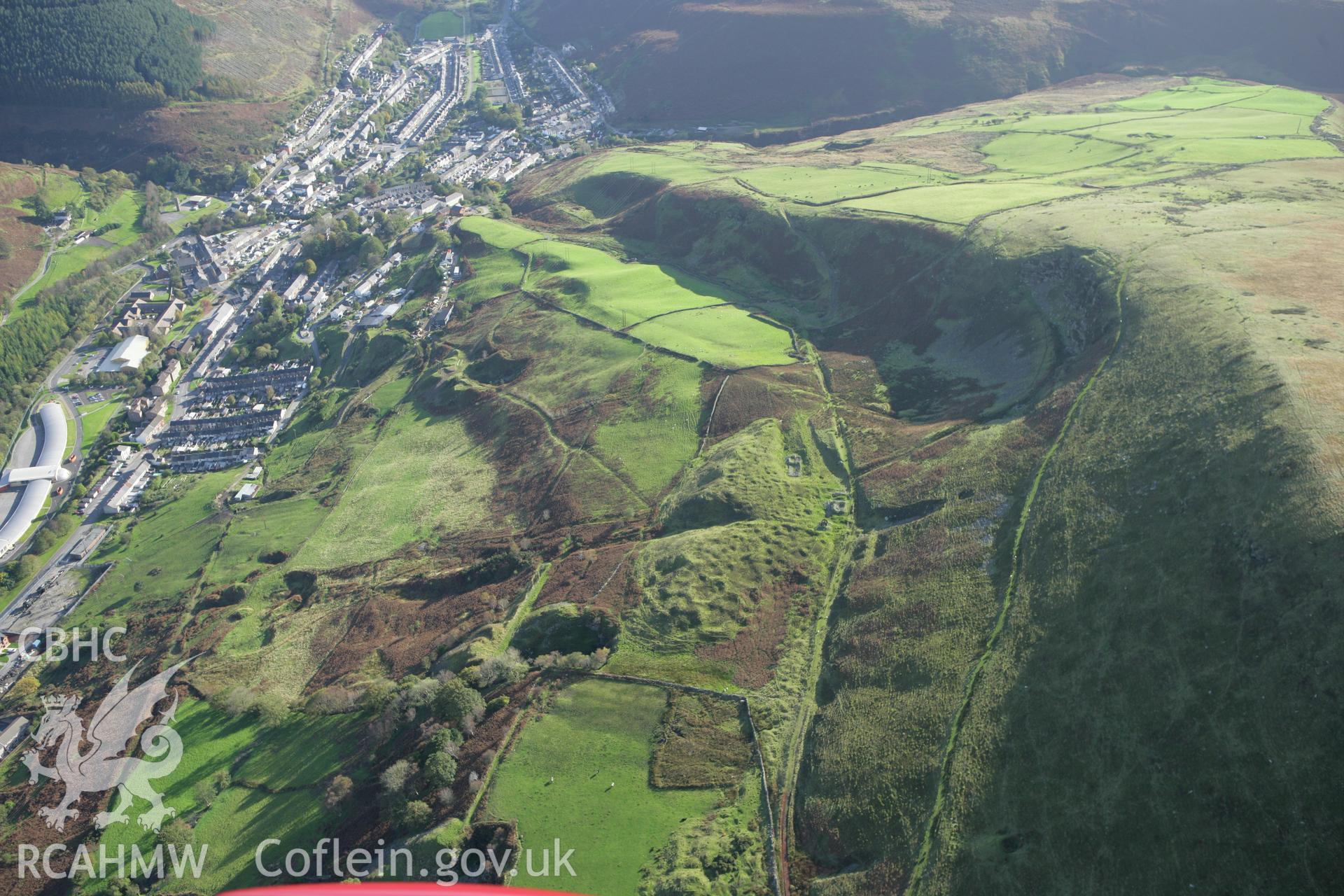 RCAHMW colour oblique photograph of Cae-du Colliery and Tynewdd Colliery, Ogmore Vale. Taken by Toby Driver on 16/10/2008.