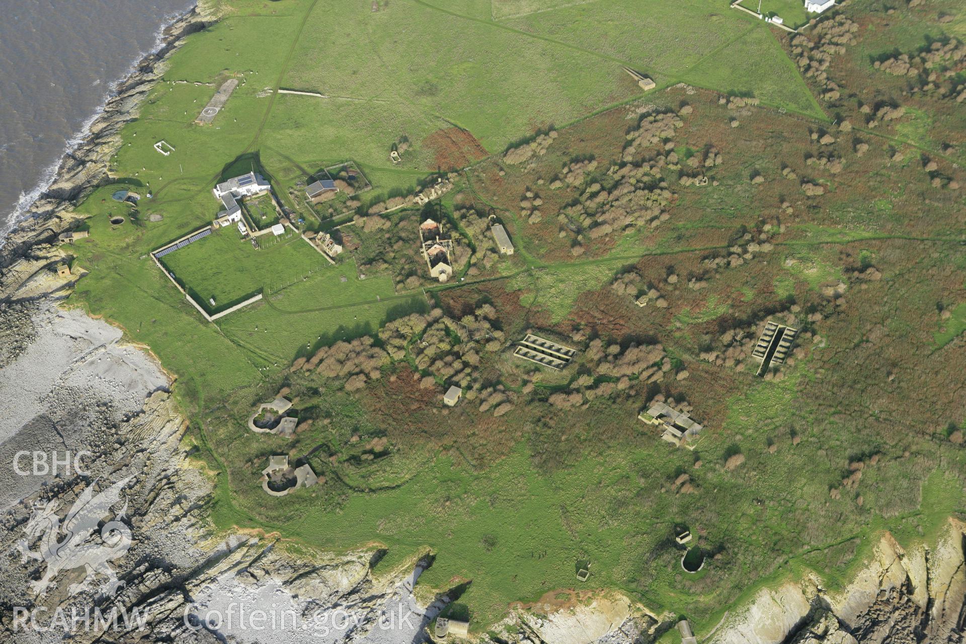 RCAHMW colour oblique photograph of Flat Holm Coastal and Anti-aircraft Defences with Flat Holm Grange and Isolation Hospital. Taken by Toby Driver on 12/11/2008.