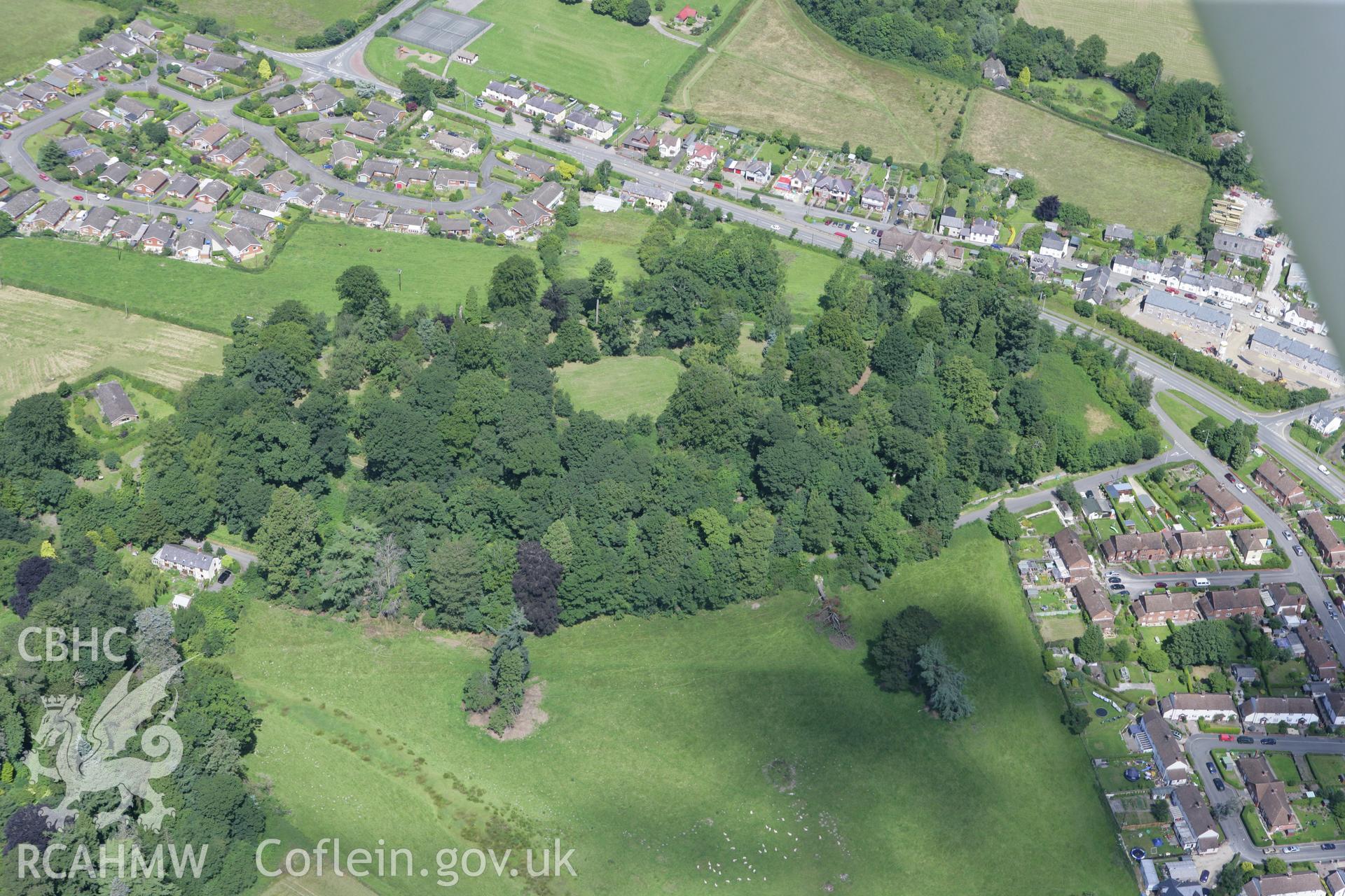 RCAHMW colour oblique photograph of Presteigne Castle (The Warden, earthwork castle). Taken by Toby Driver on 21/07/2008.