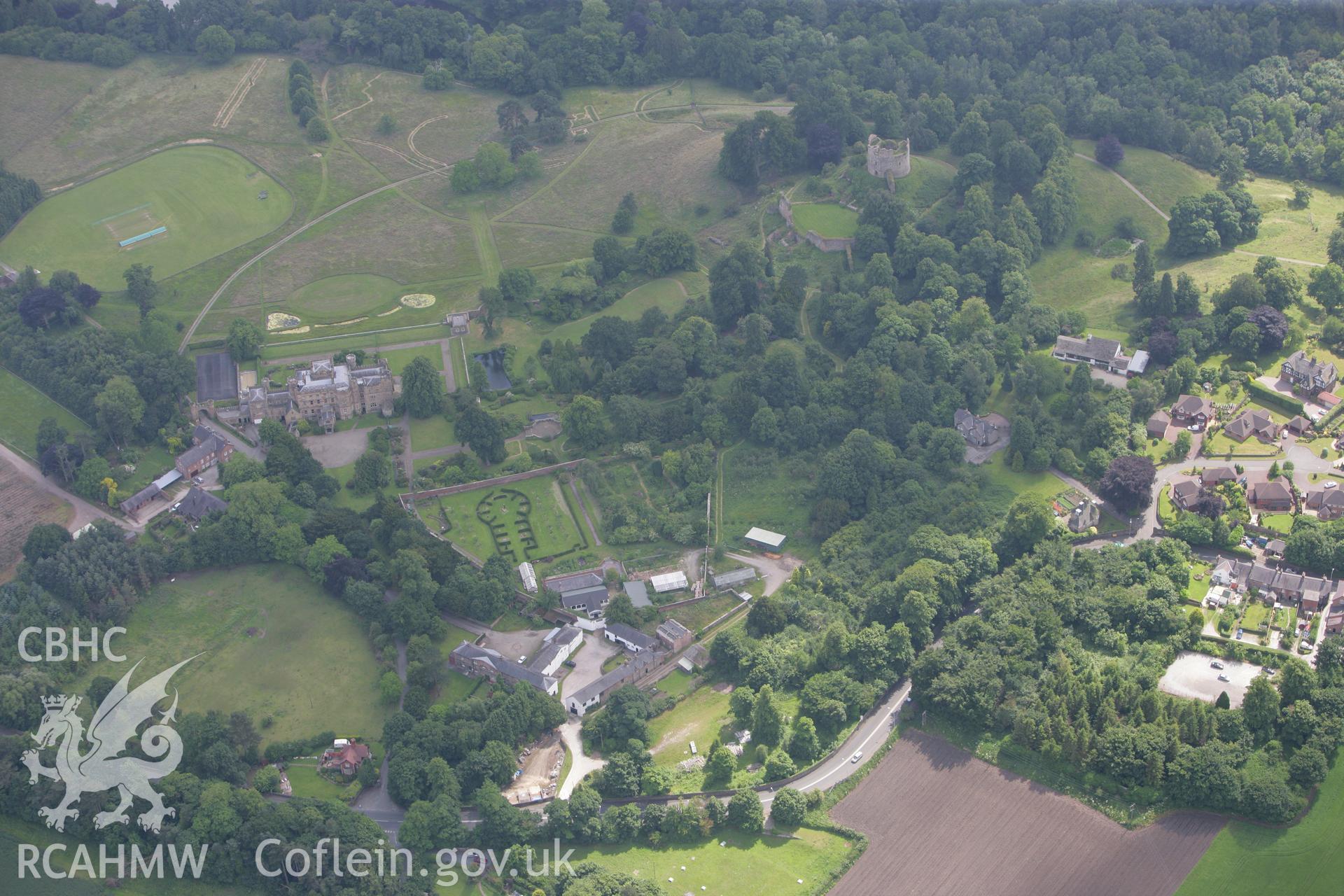 RCAHMW colour oblique photograph of the later Hawarden Castle, with Hawarden Castle ruins behind. Taken by Toby Driver on 01/07/2008.