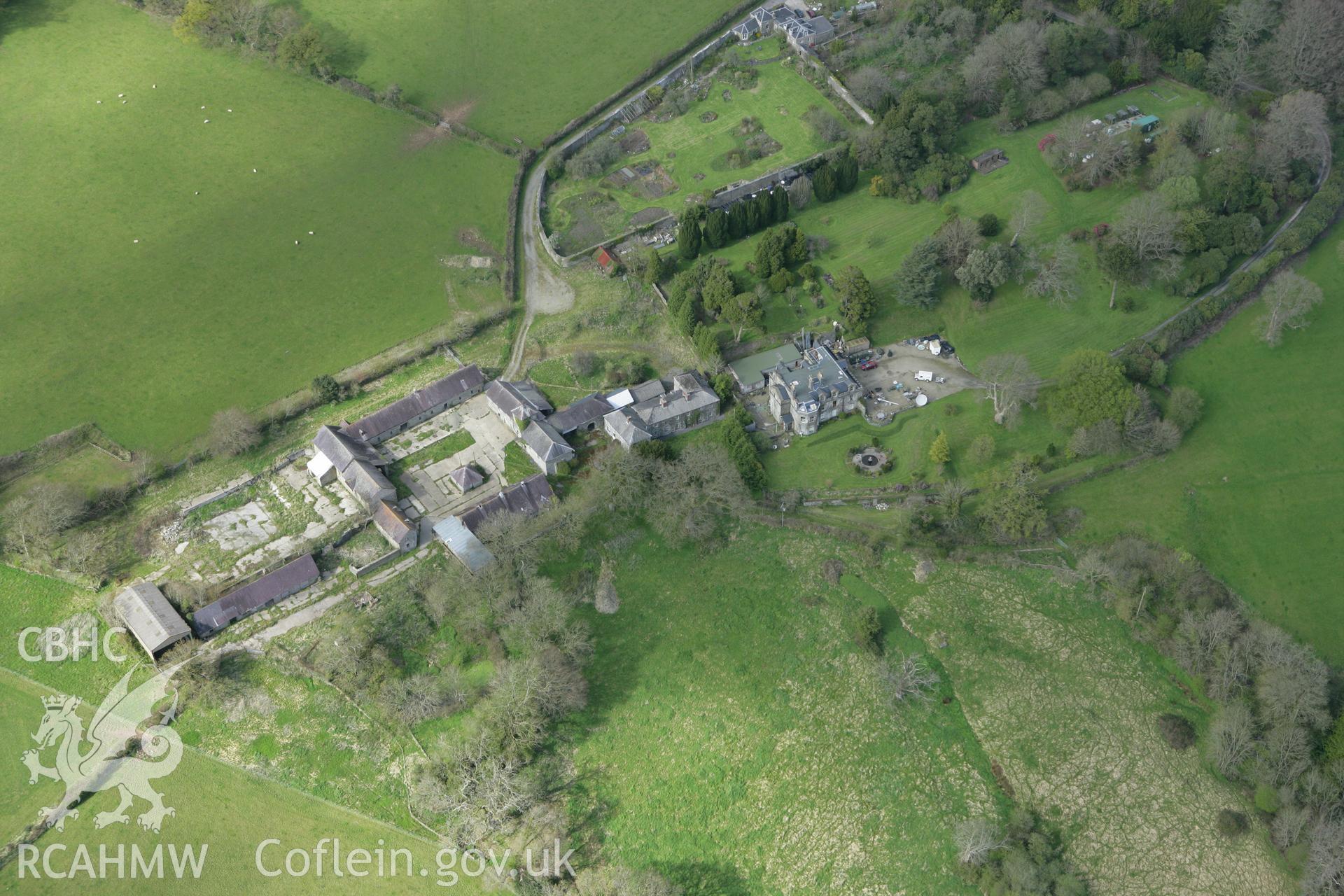 RCAHMW colour oblique photograph of Pentre Mansion and gardens, Newchapel. Taken by Toby Driver on 24/04/2008.