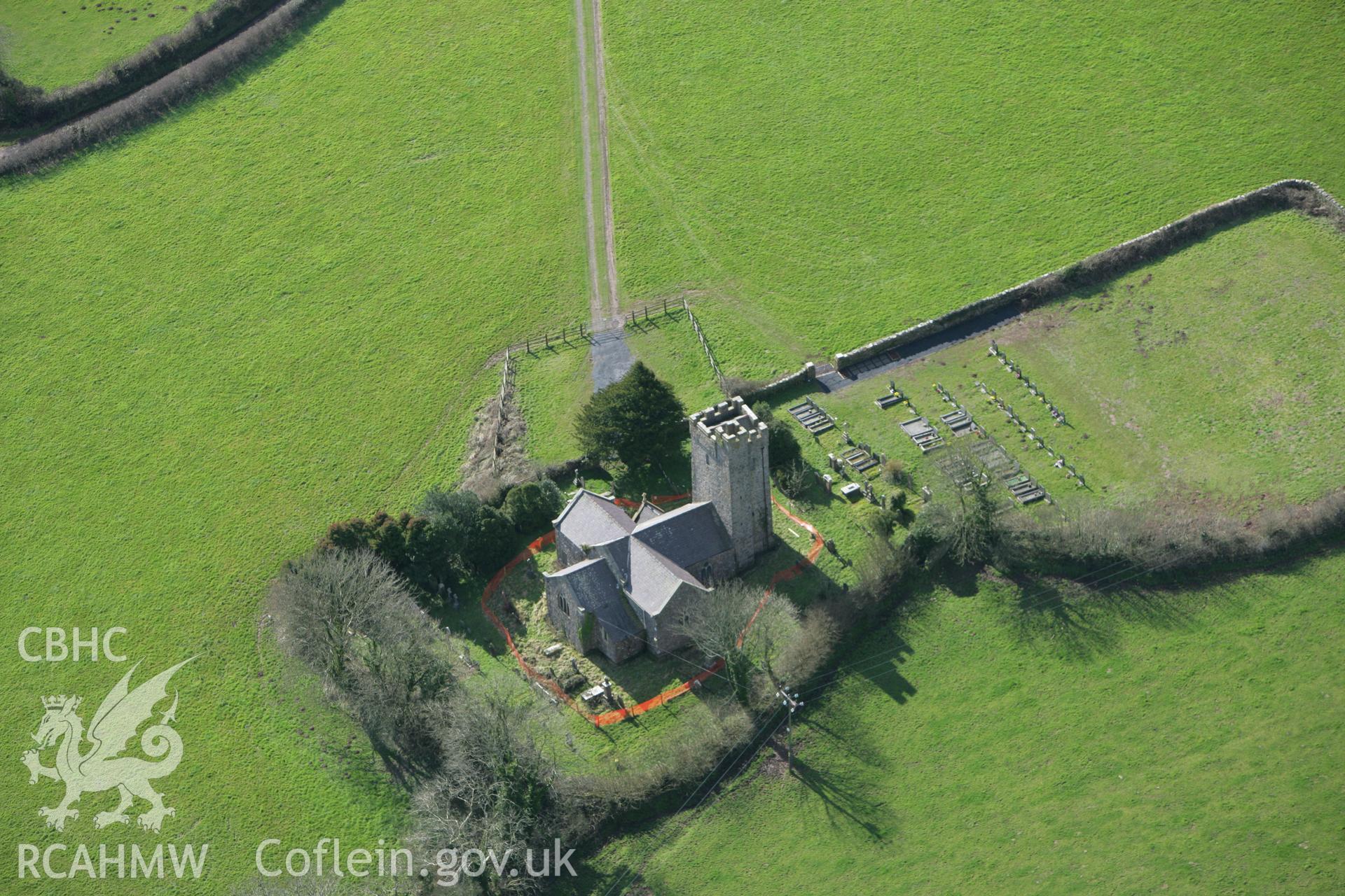 RCAHMW colour oblique aerial photograph of St Elidyr's Church, Crunwere, from the north-east. Taken on 04 March 2008 by Toby Driver