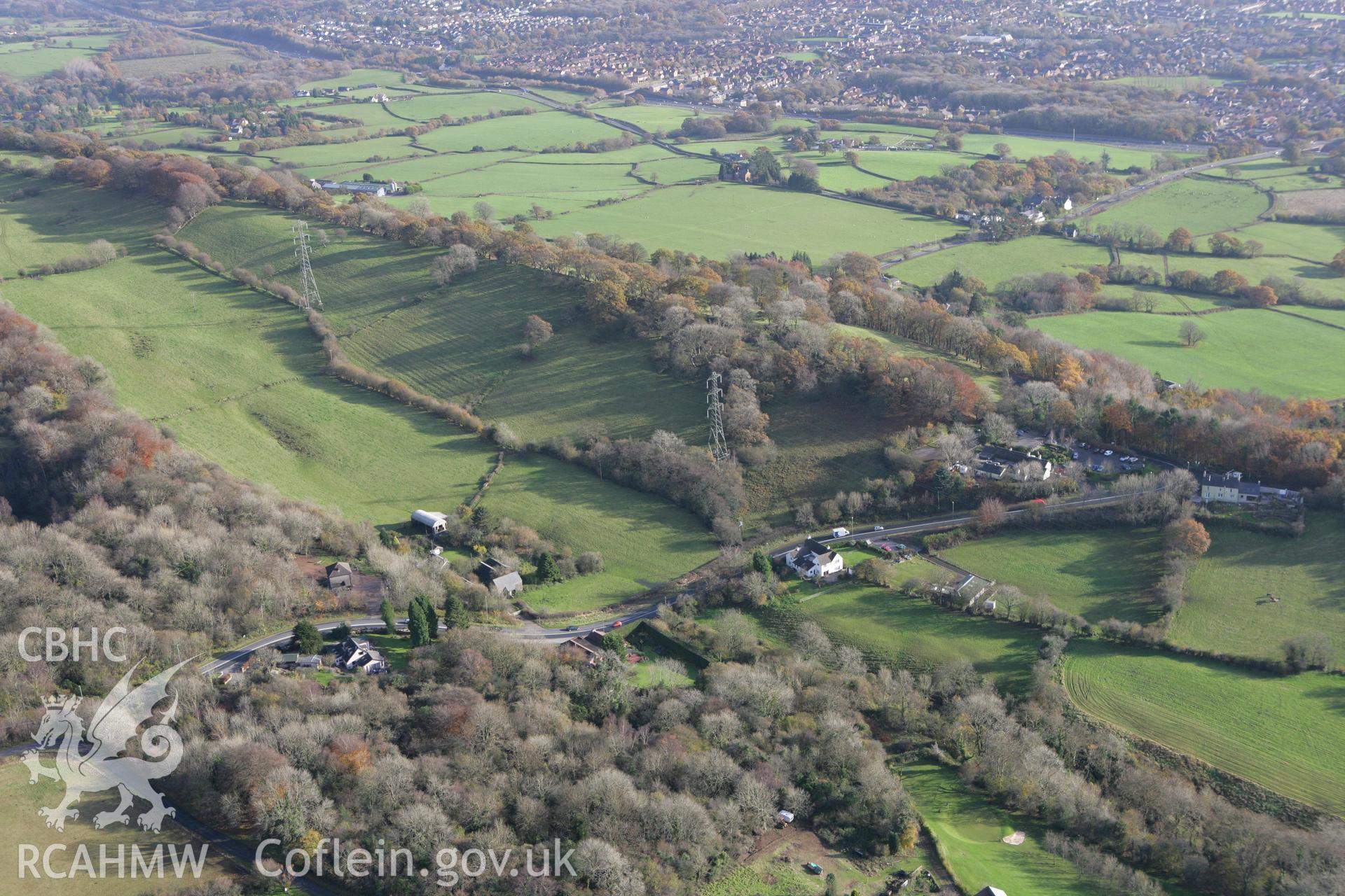 RCAHMW colour oblique photograph of Castell-y-briwydd, with autumn landscape. Taken by Toby Driver on 12/11/2008.