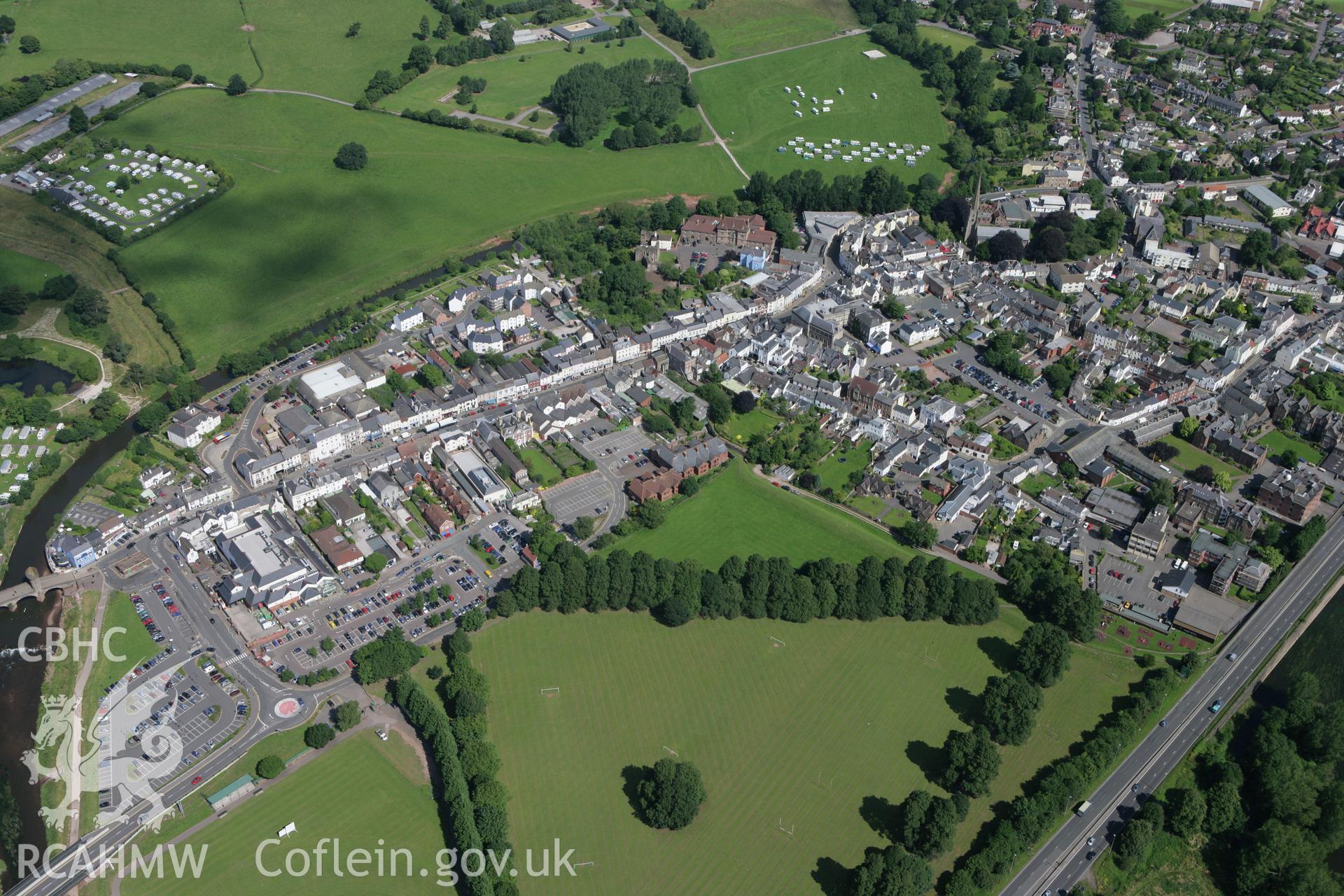 RCAHMW colour oblique photograph of Monmouth, with Monmouth Castle, from the south. Taken by Toby Driver on 21/07/2008.