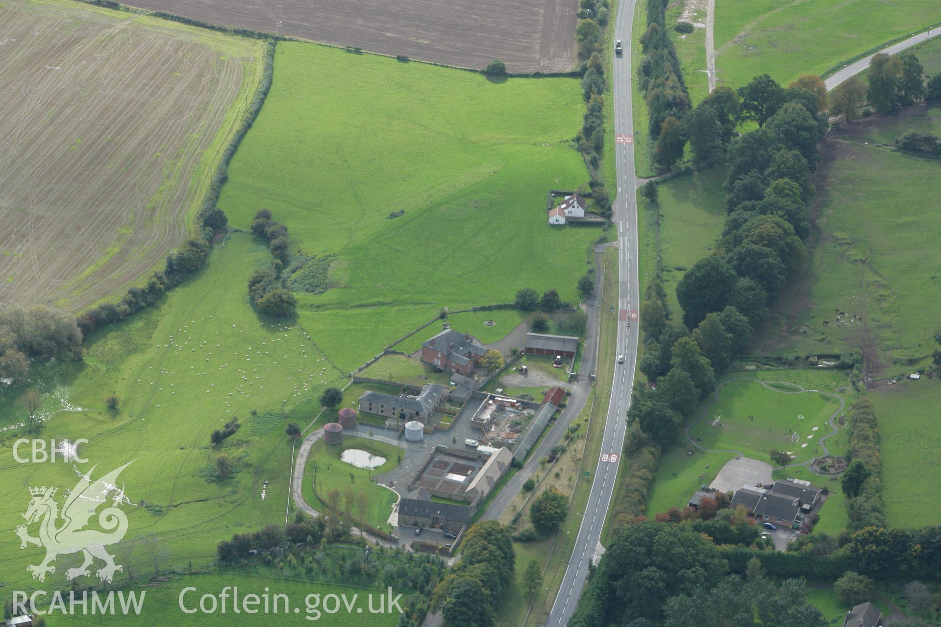 RCAHMW colour oblique photograph of Clyro Court Farm, Chambered Long Cairn. Taken by Toby Driver on 10/10/2008.