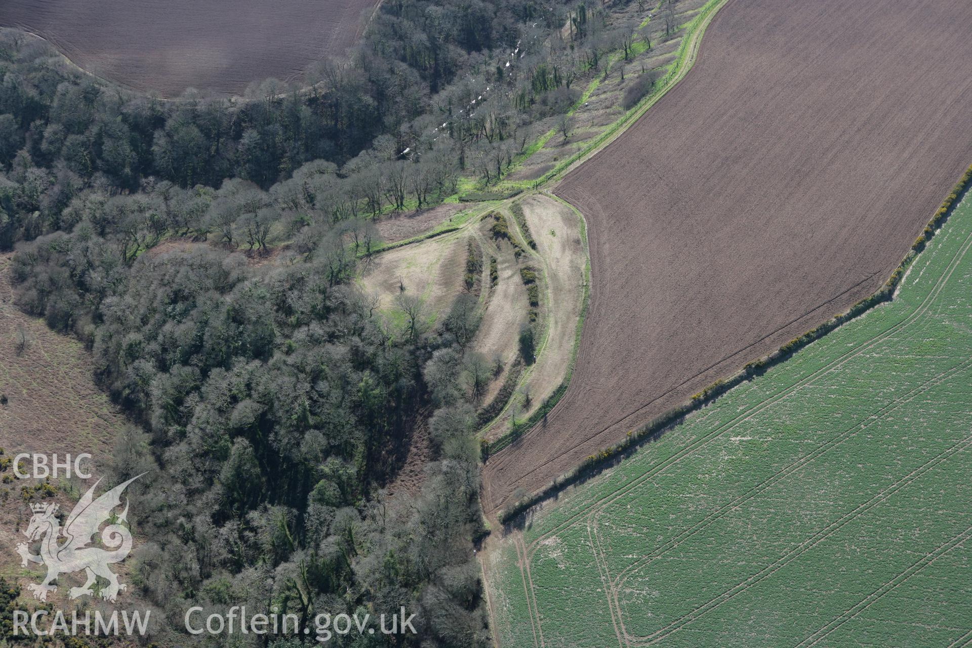 RCAHMW colour oblique photograph of Brawdy Castle, defended enclosure. Taken by Toby Driver on 04/03/2008.