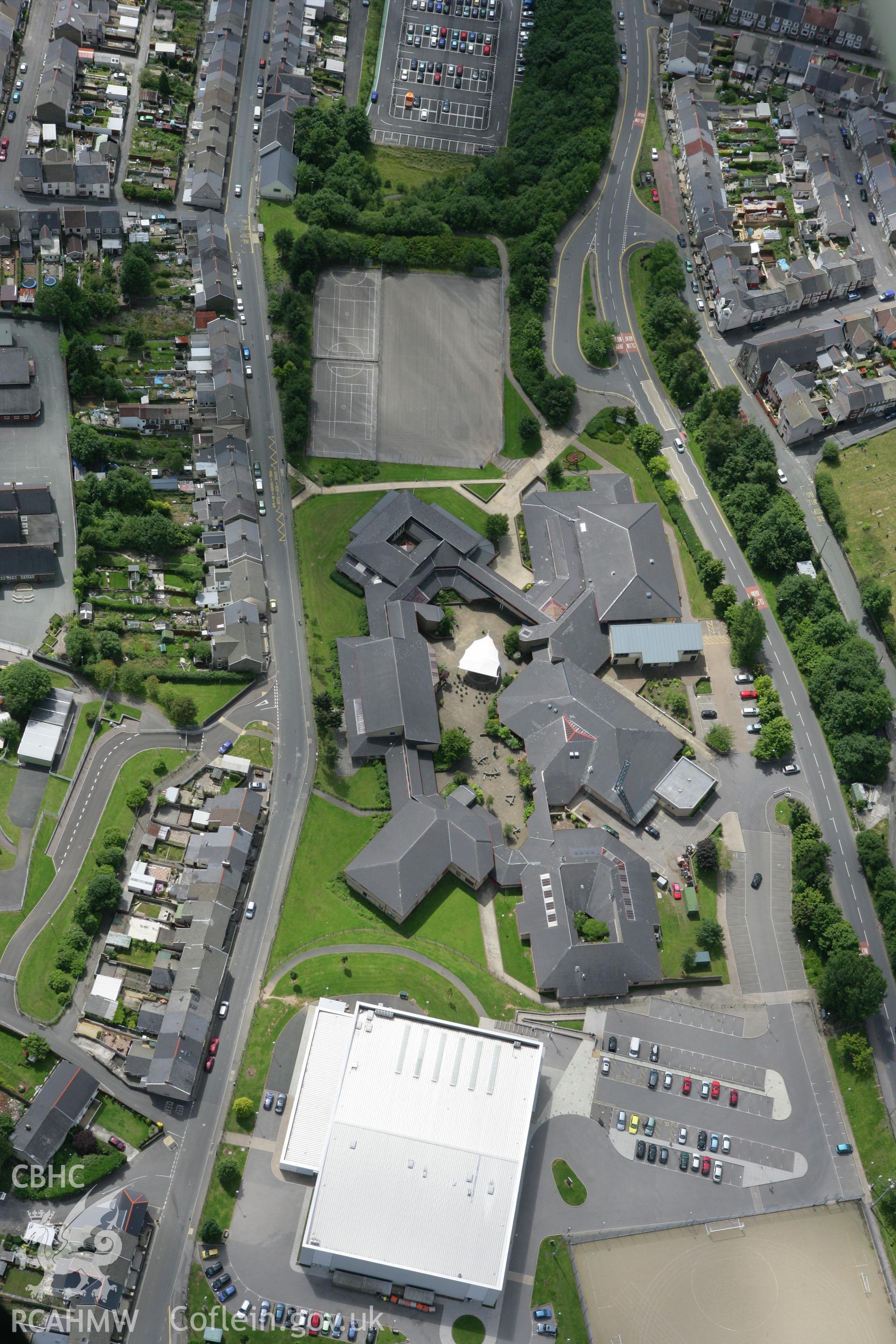 RCAHMW colour oblique photograph of Abertillery Comprehensive School. Taken by Toby Driver on 21/07/2008.