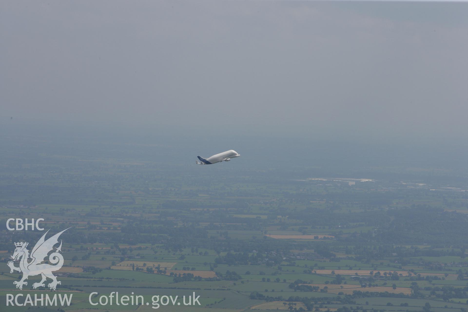 RCAHMW colour oblique photograph of Airbus Beluga, having just taken off from Hawarden Airfield. Taken by Toby Driver on 01/07/2008.