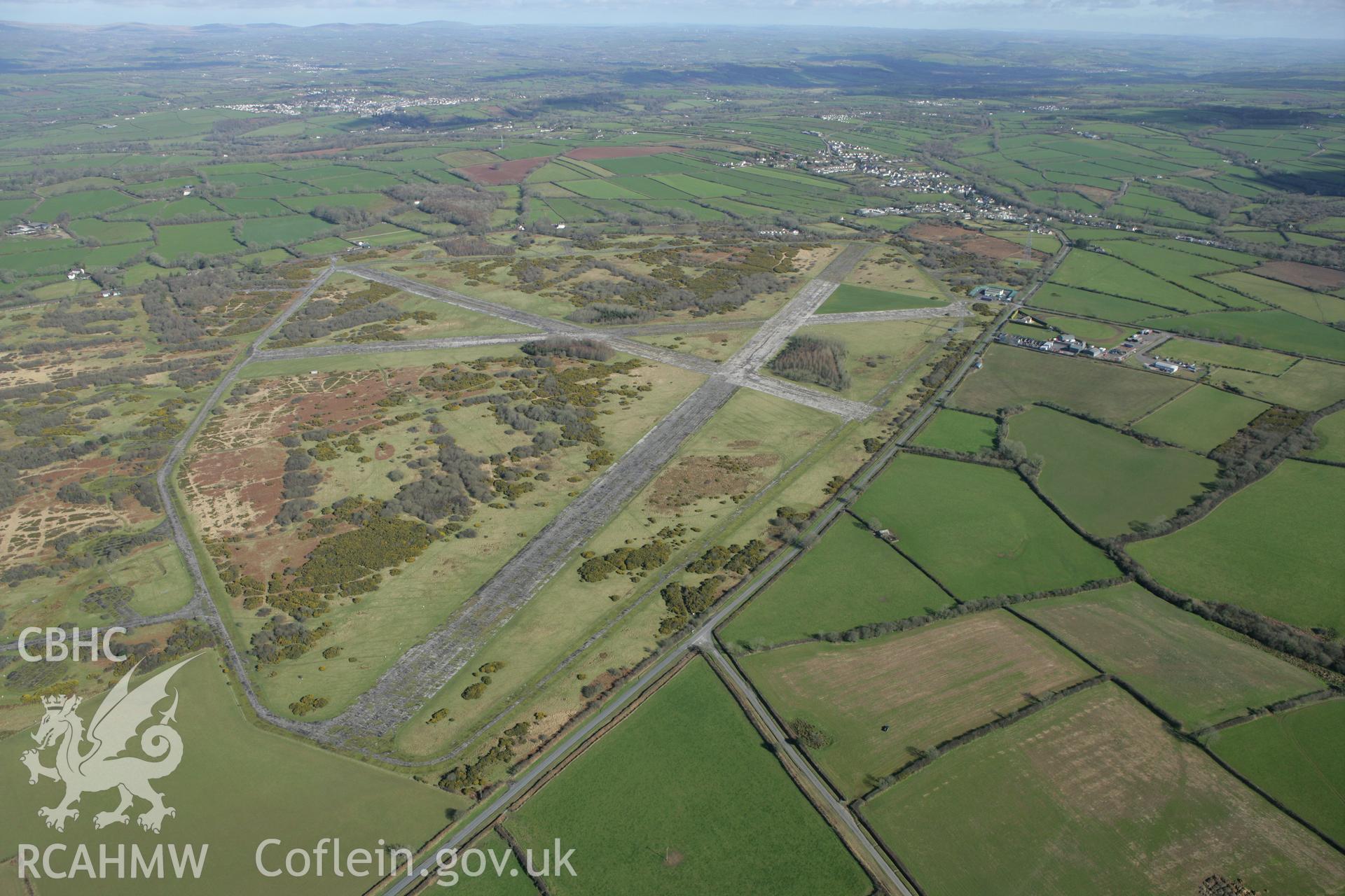 RCAHMW colour oblique photograph of Templeton Airfield and Mynydd Carn, site of battle, Templeton. Taken by Toby Driver on 04/03/2008.