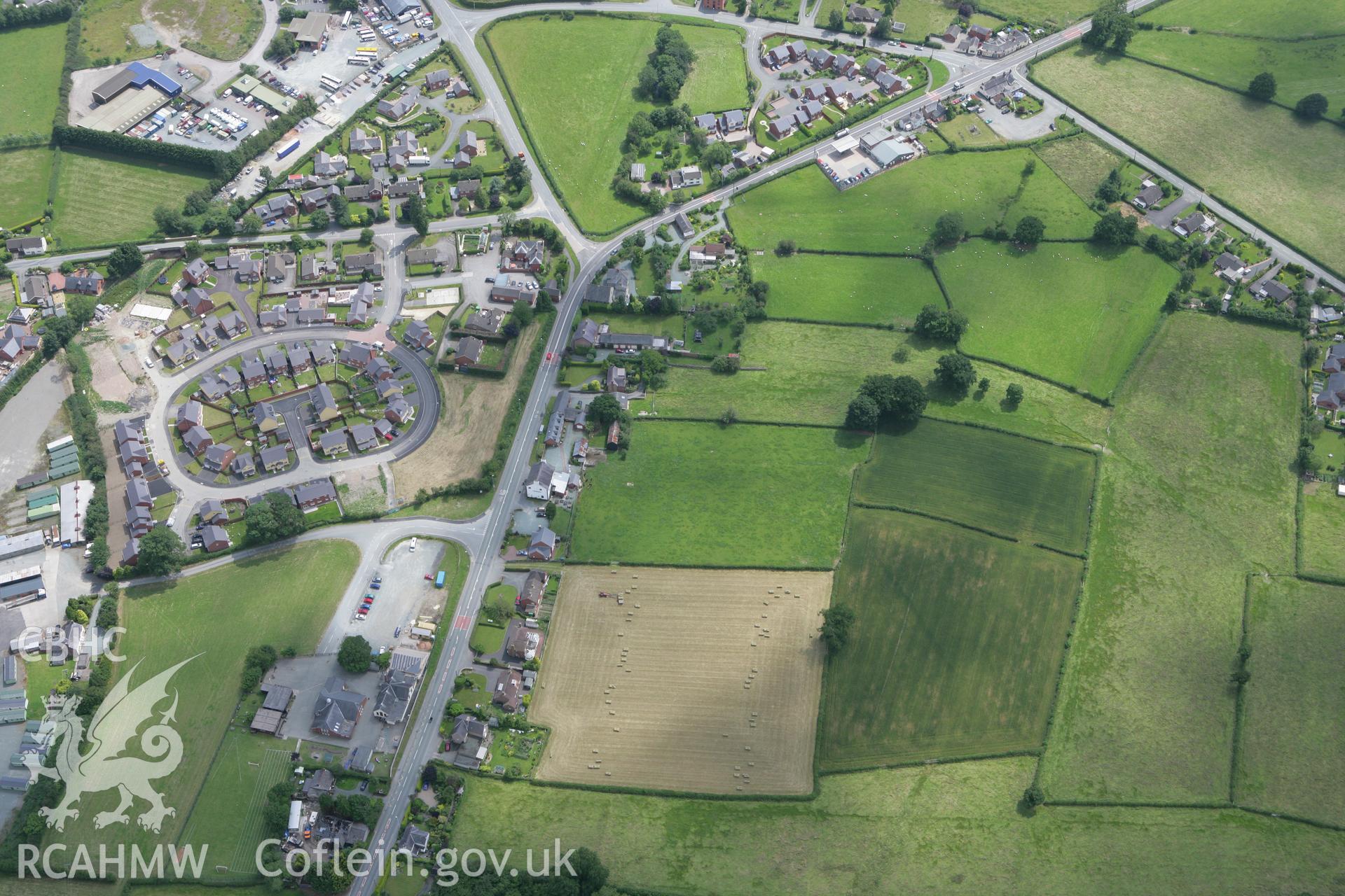 RCAHMW colour oblique photograph of Offa's dyke at Four Crosses, section extending 300m south-east to Bele Brook, Llandrinio. Taken by Toby Driver on 01/07/2008.