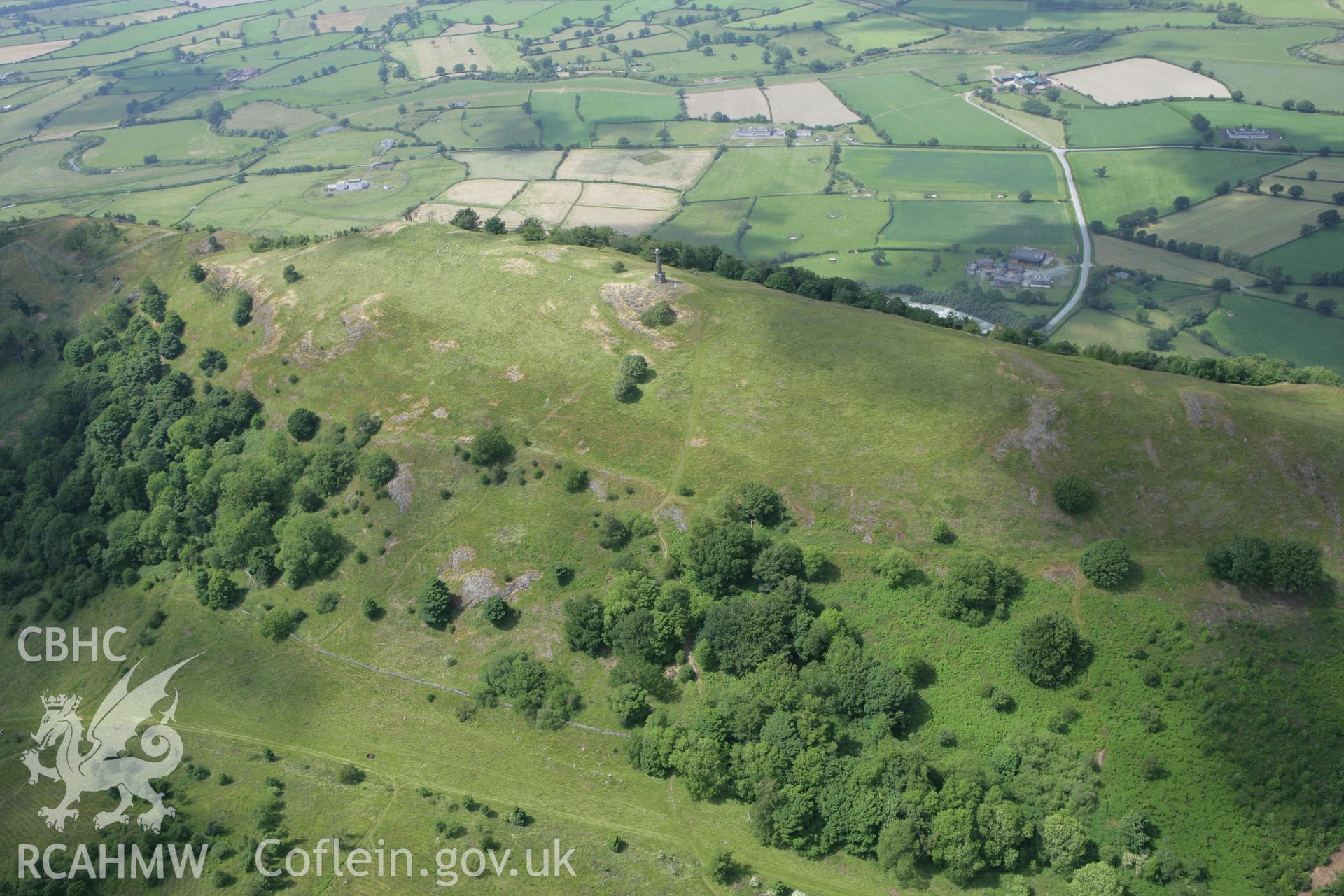 RCAHMW colour oblique photograph of Breddin Hillfort, with Rodney's pillar. Taken by Toby Driver on 01/07/2008.