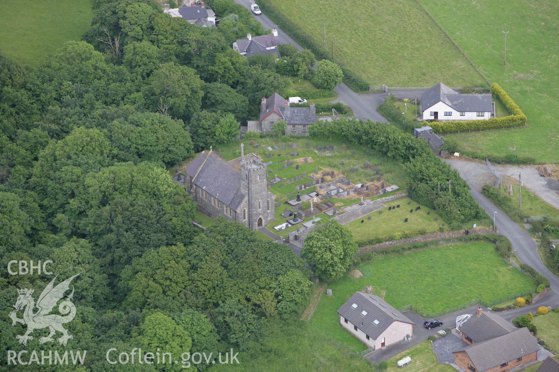 RCAHMW colour oblique photograph of St Deiniol's Church, Llanddeiniol. Taken by Toby Driver on 13/06/2008.