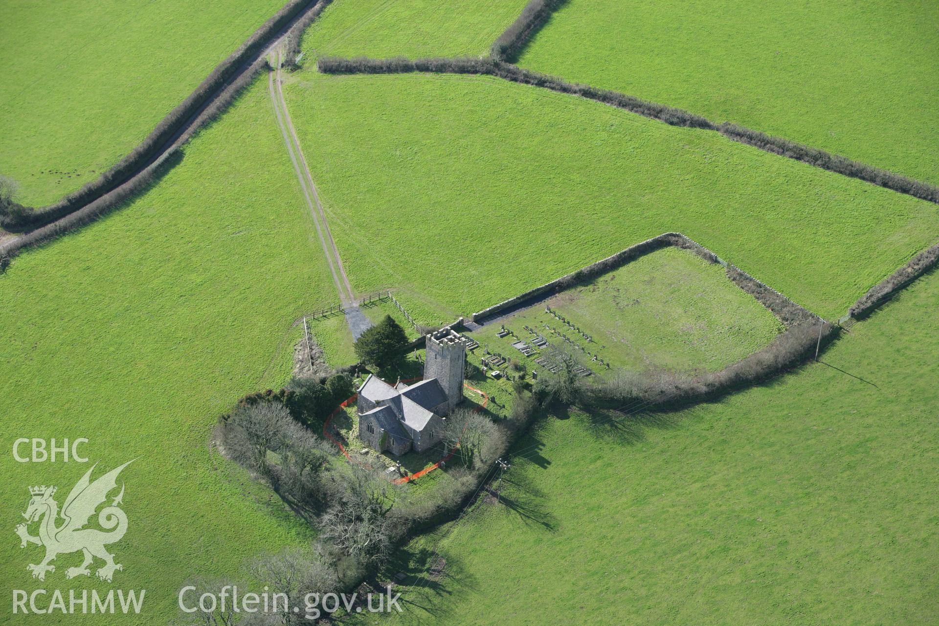 RCAHMW colour oblique aerial photograph of St Elidyr's Church, Crunwere, from the north-east. Taken on 04 March 2008 by Toby Driver