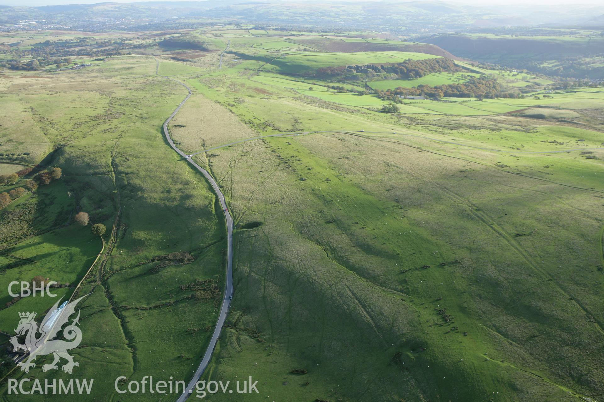 RCAHMW colour oblique photograph of Trackway on Gelligaer Common, probable Roman road (RR621). Taken by Toby Driver on 16/10/2008.