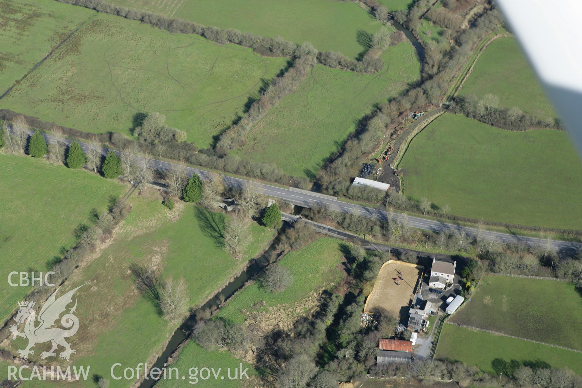 RCAHMW colour oblique photograph of Pont Spwdwr (Spudder's Bridge), Llandyry. Taken by Toby Driver on 04/03/2008.