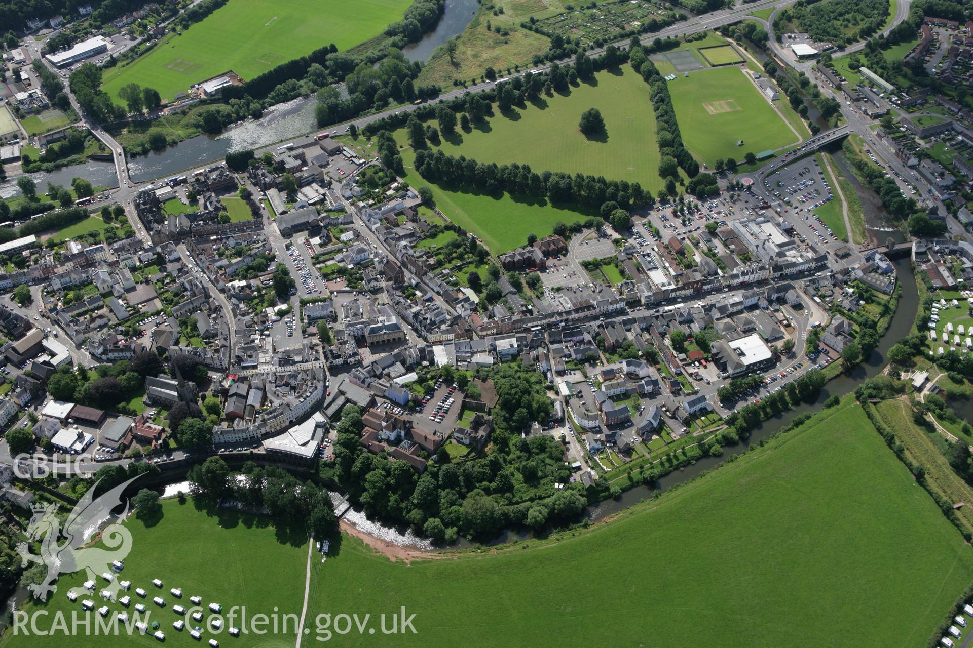 RCAHMW colour oblique photograph of Monmouth, with Monmouth Castle, from the north. Taken by Toby Driver on 21/07/2008.