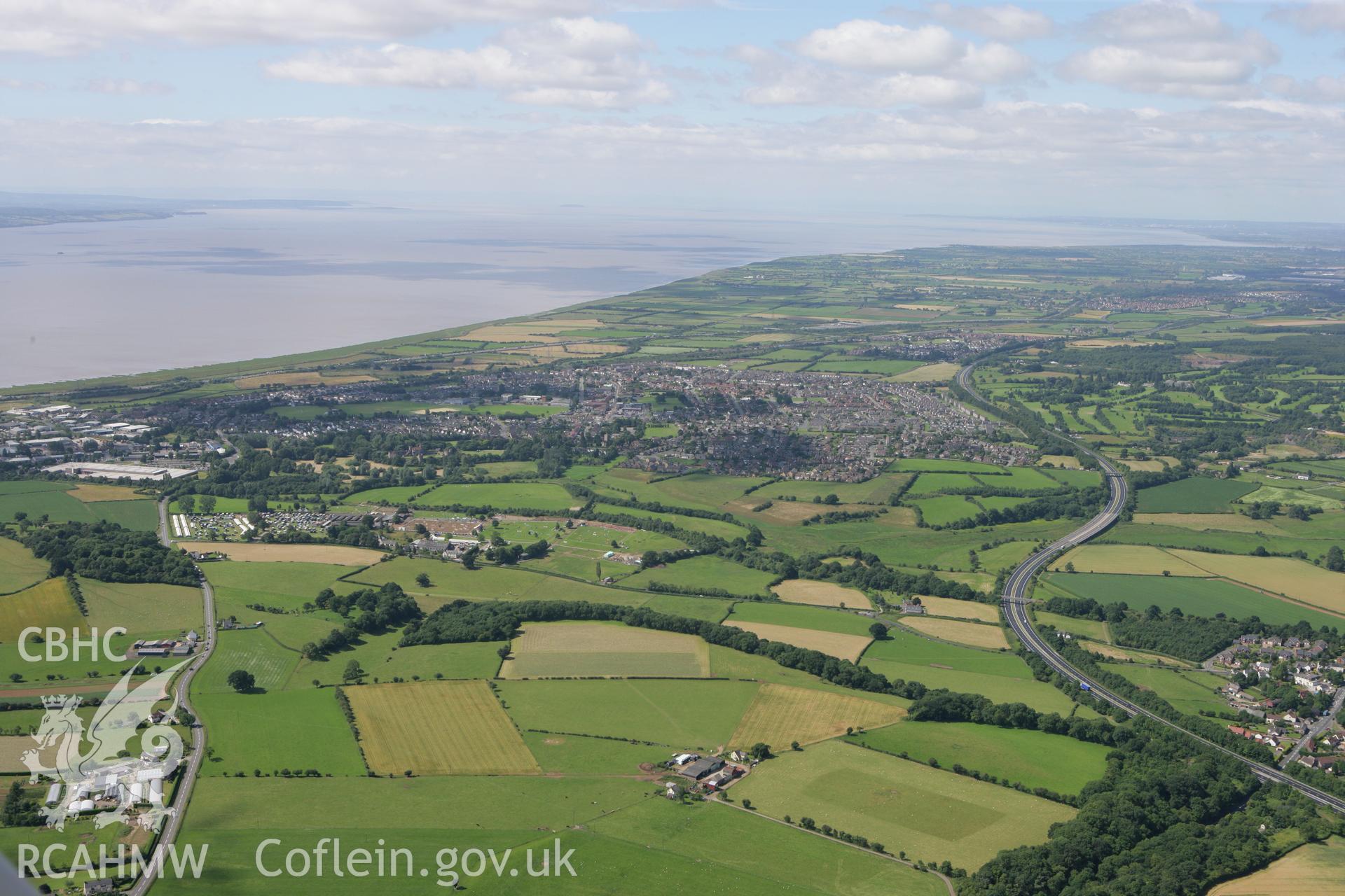 RCAHMW colour oblique photograph of Caldicot, from the north-east. Taken by Toby Driver on 21/07/2008.