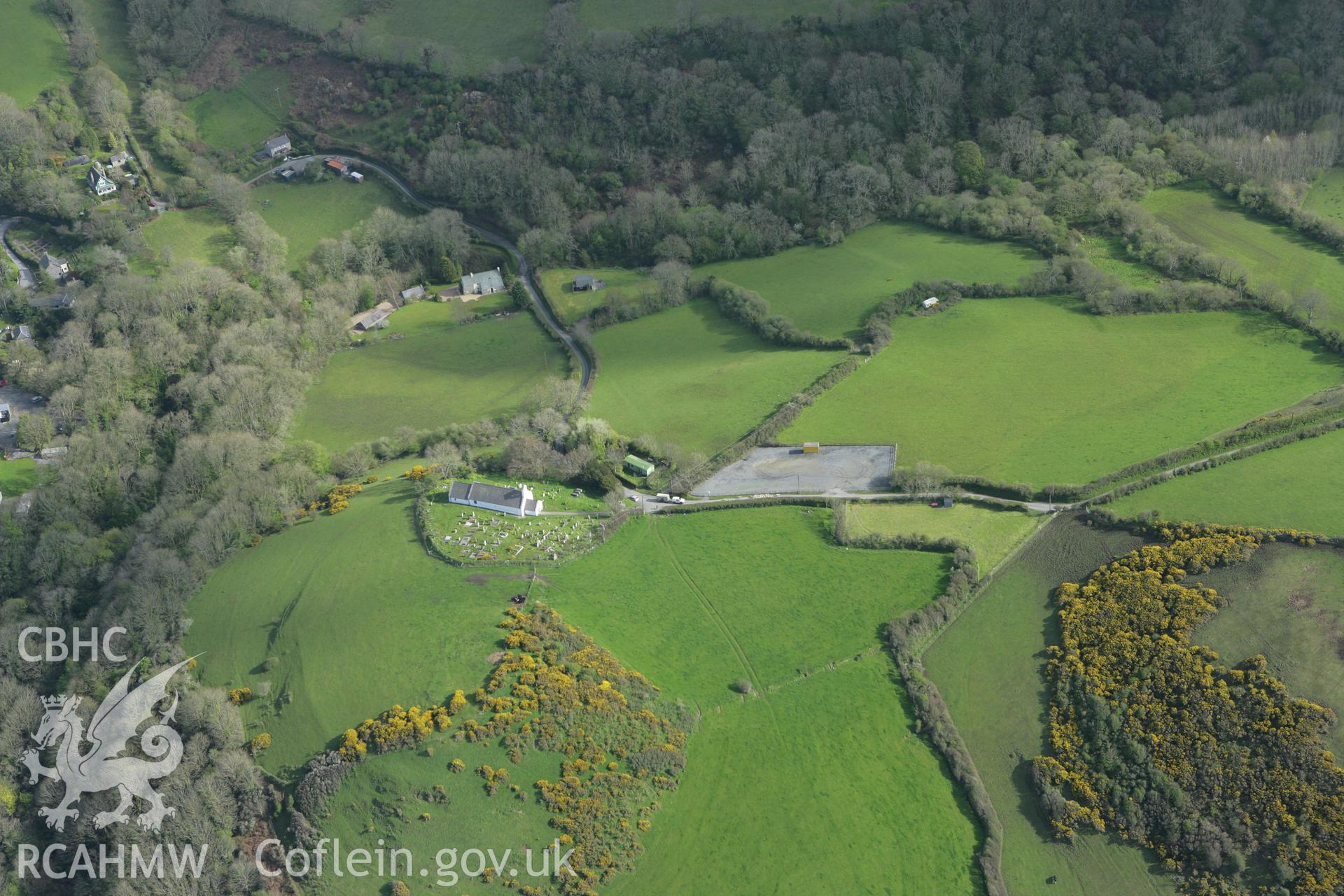 RCAHMW colour oblique photograph of St Michael's Church, Llanfihangel Penbryn. Taken by Toby Driver on 24/04/2008.