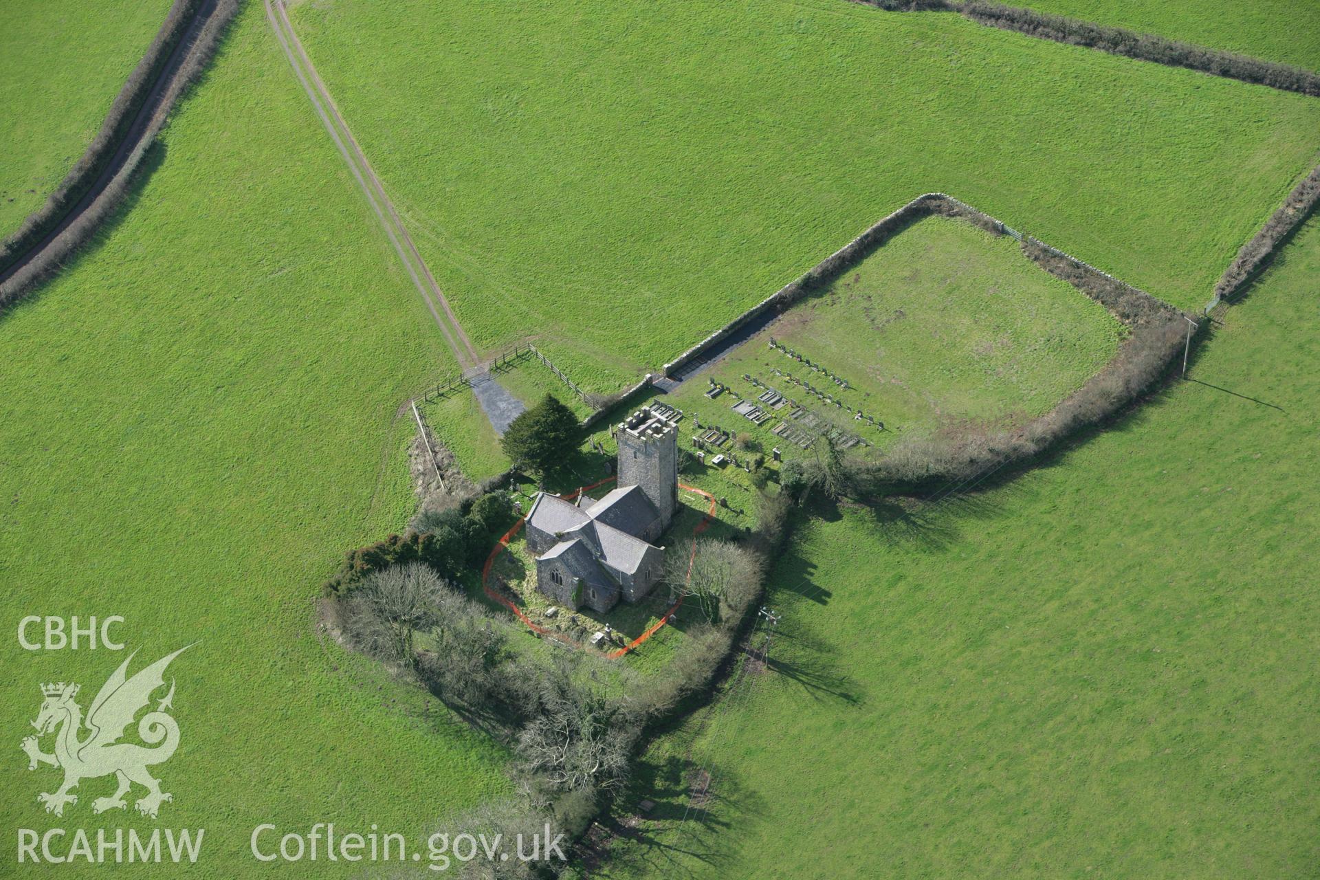 RCAHMW colour oblique aerial photograph of St Elidyr's Church, Crunwere, from the north-east. Taken on 04 March 2008 by Toby Driver