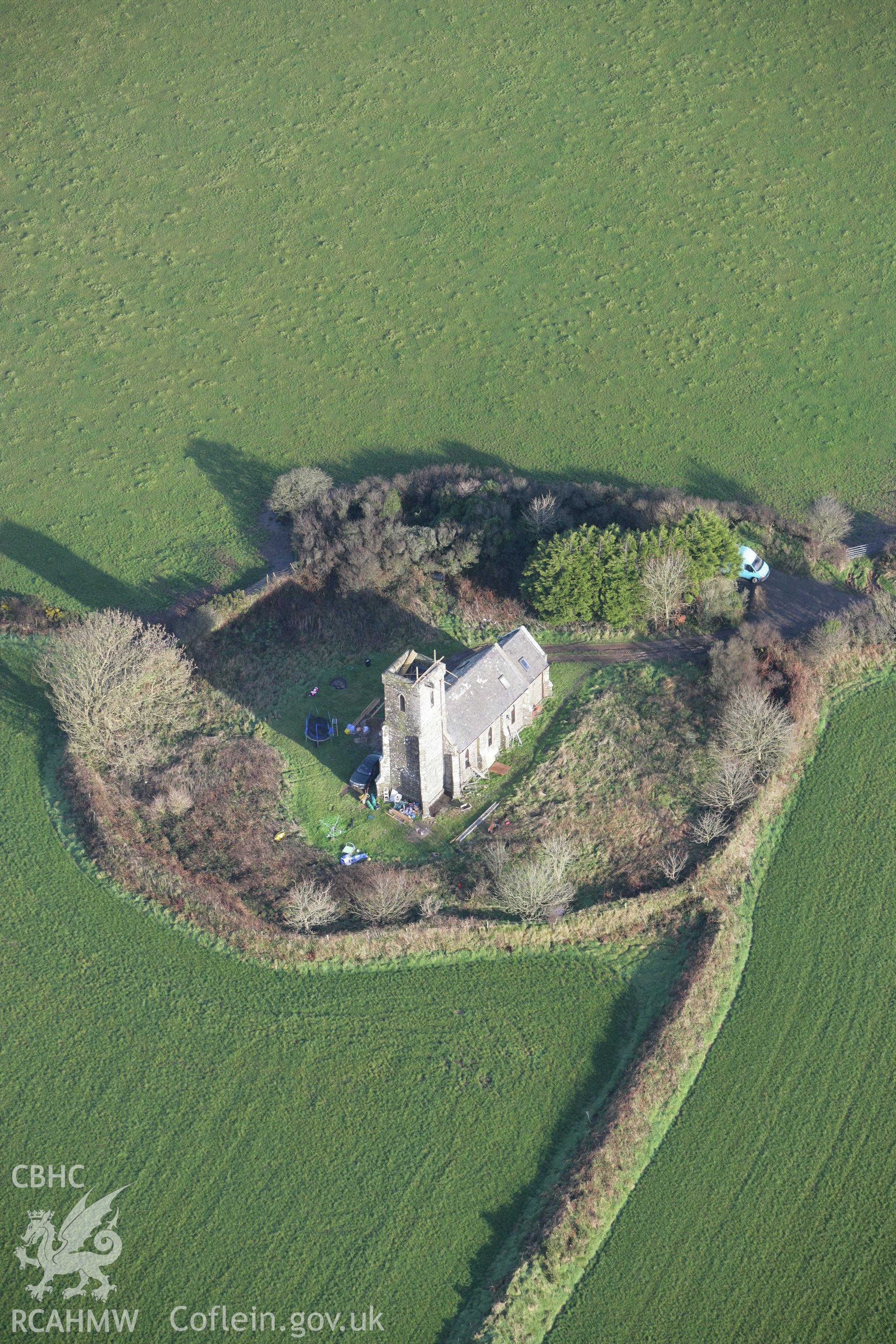 RCAHMW colour oblique photograph of St Edren's Church (St Edrin's Church). Taken by Toby Driver on 15/12/2008.