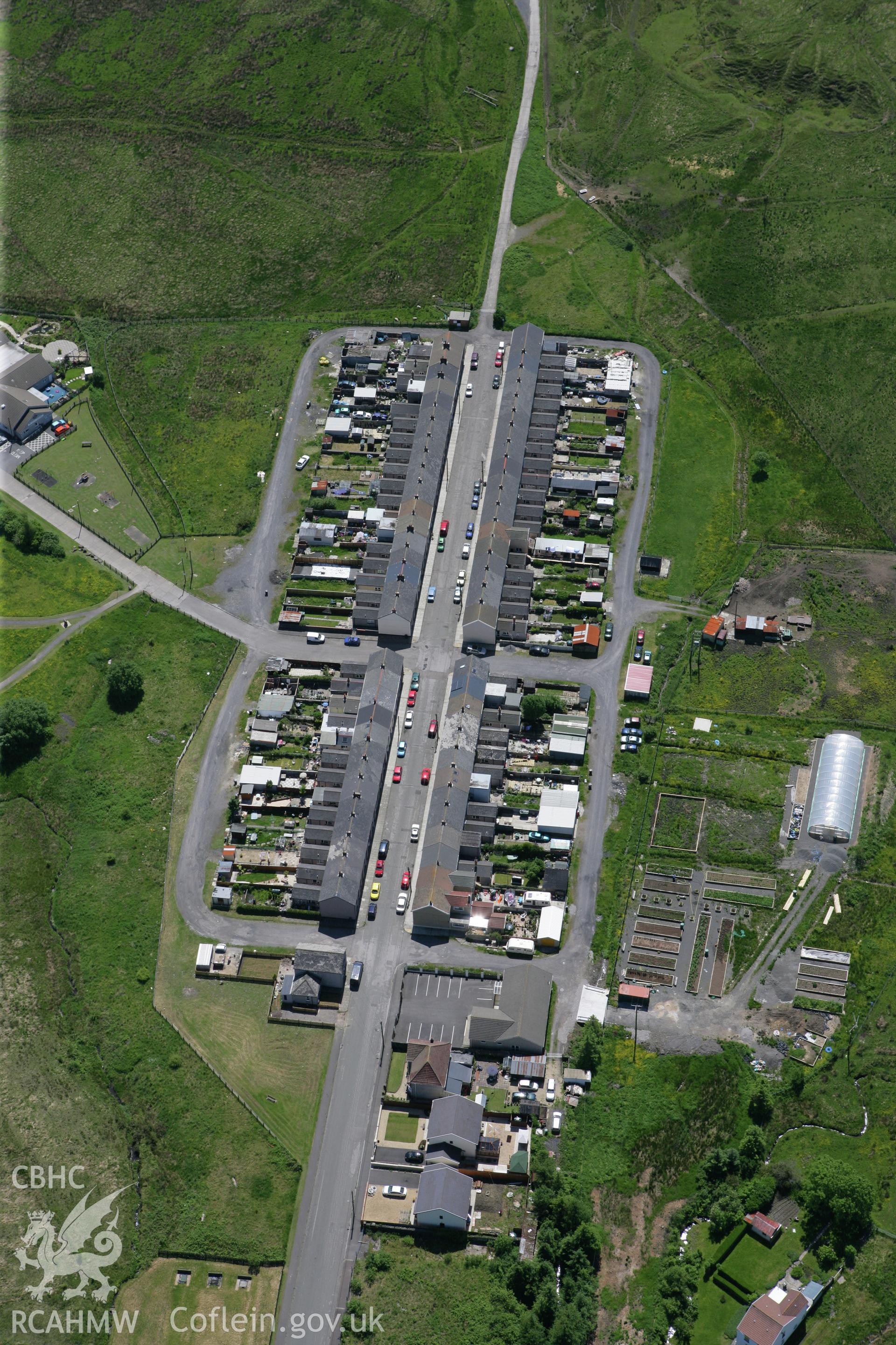 RCAHMW colour oblique photograph of Industrial housing at Banwen. Taken by Toby Driver on 09/06/2008.