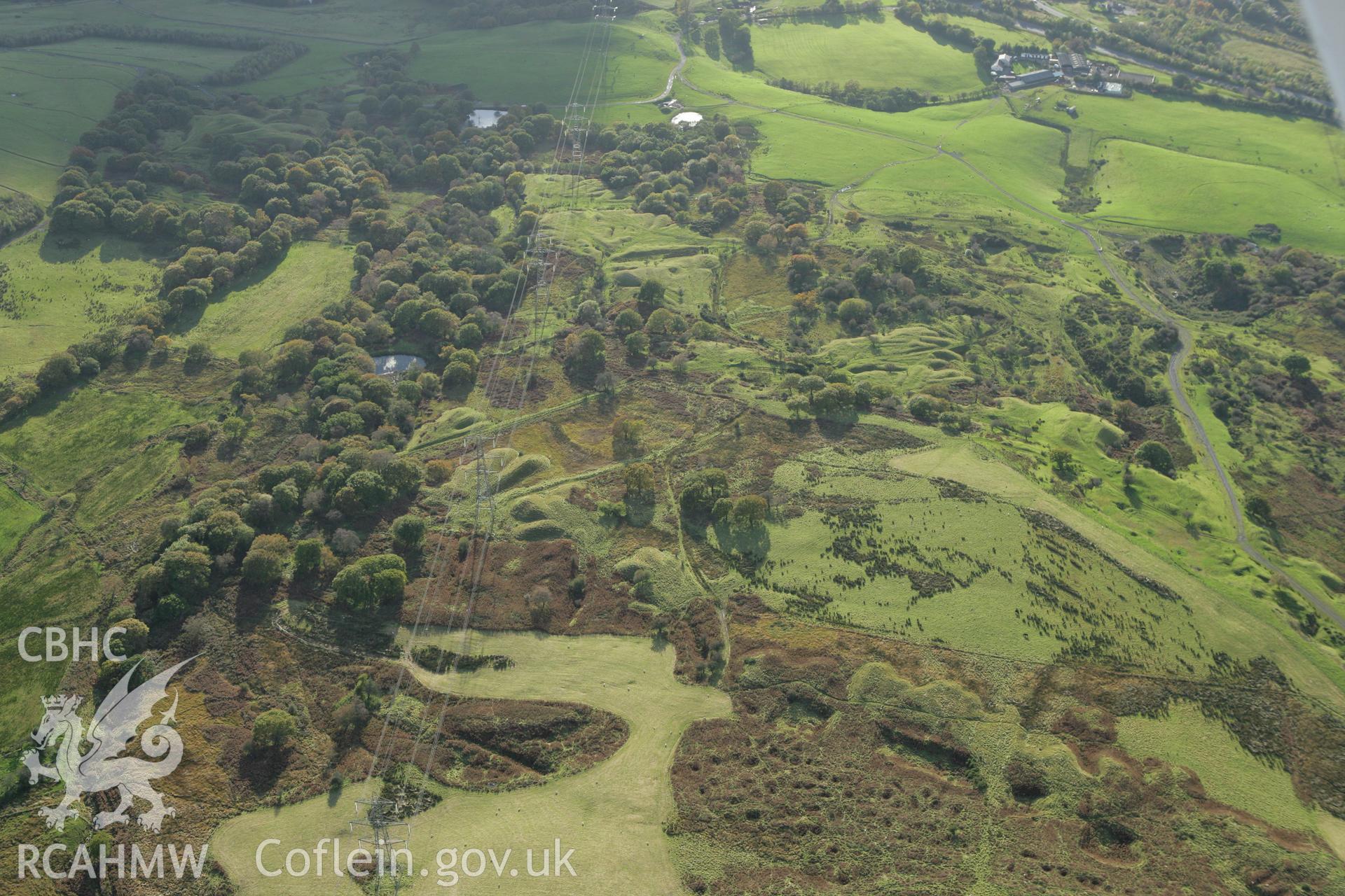 RCAHMW colour oblique photograph of Ironstone levels east of Plymouth Ironworks, Merthyr Tydfil. Taken by Toby Driver on 16/10/2008.