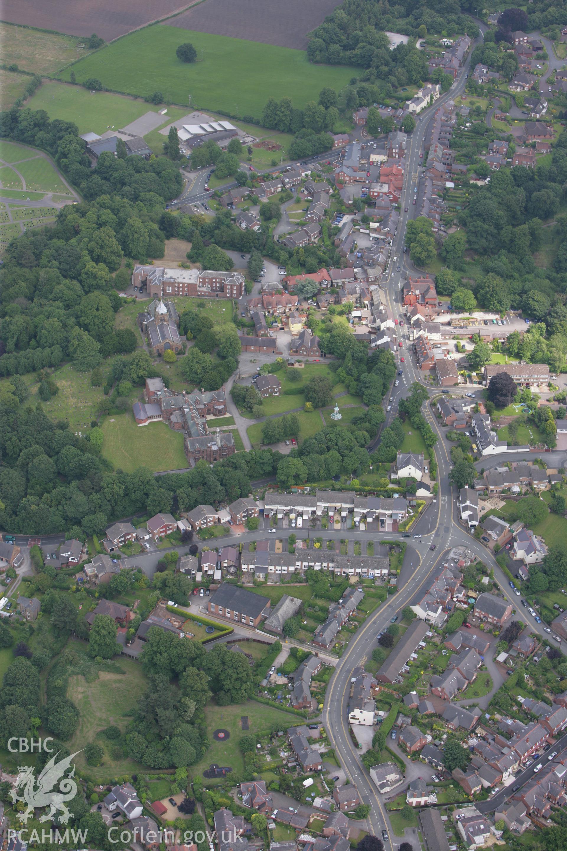 RCAHMW colour oblique photograph of Trueman's Hill Motte, Hawarden, with St Deiniol's church and library behind. Taken by Toby Driver on 01/07/2008.