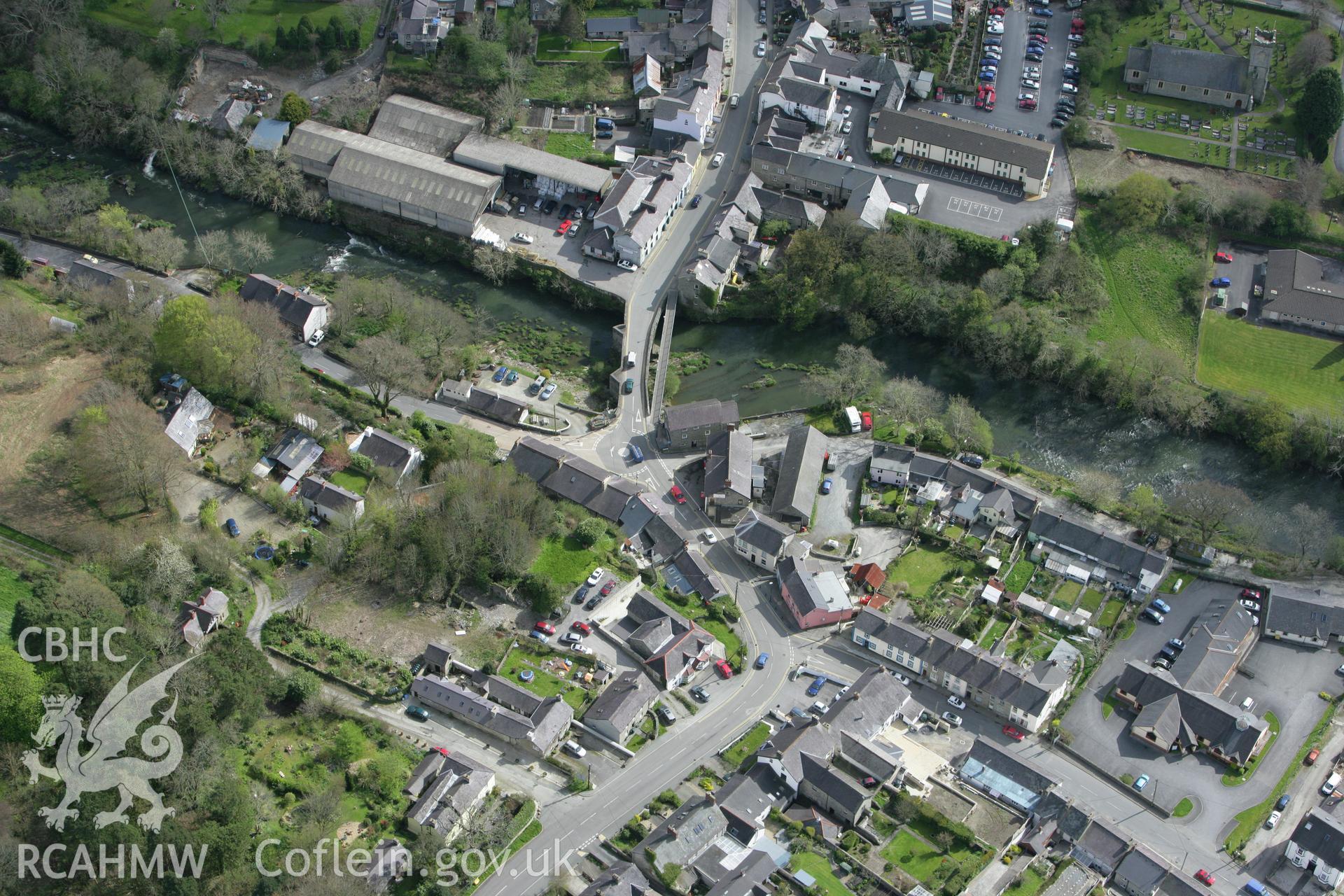 RCAHMW colour oblique photograph of Newcastle Emlyn Bridge. Taken by Toby Driver on 24/04/2008.