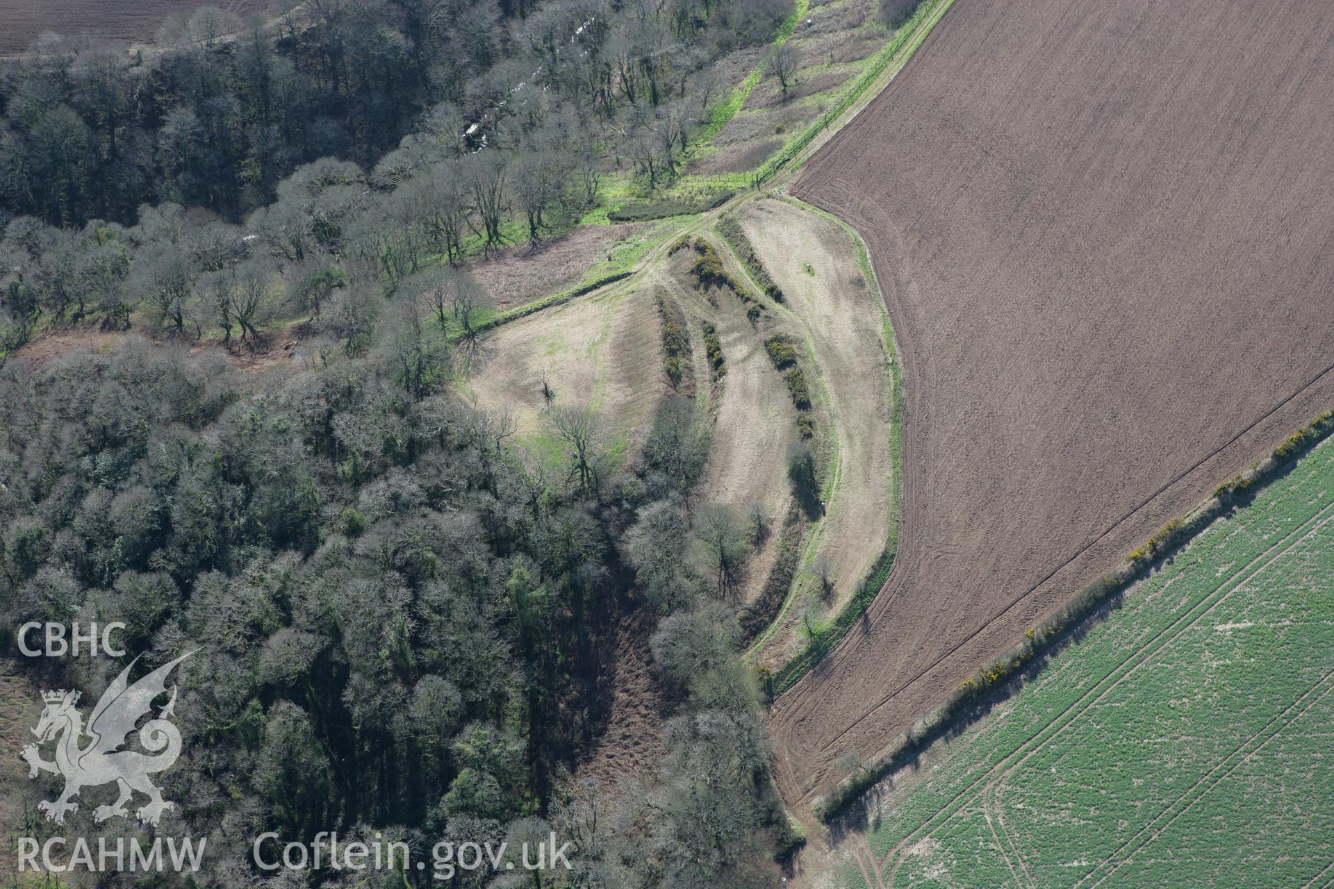 RCAHMW colour oblique photograph of Brawdy Castle, defended enclosure. Taken by Toby Driver on 04/03/2008.