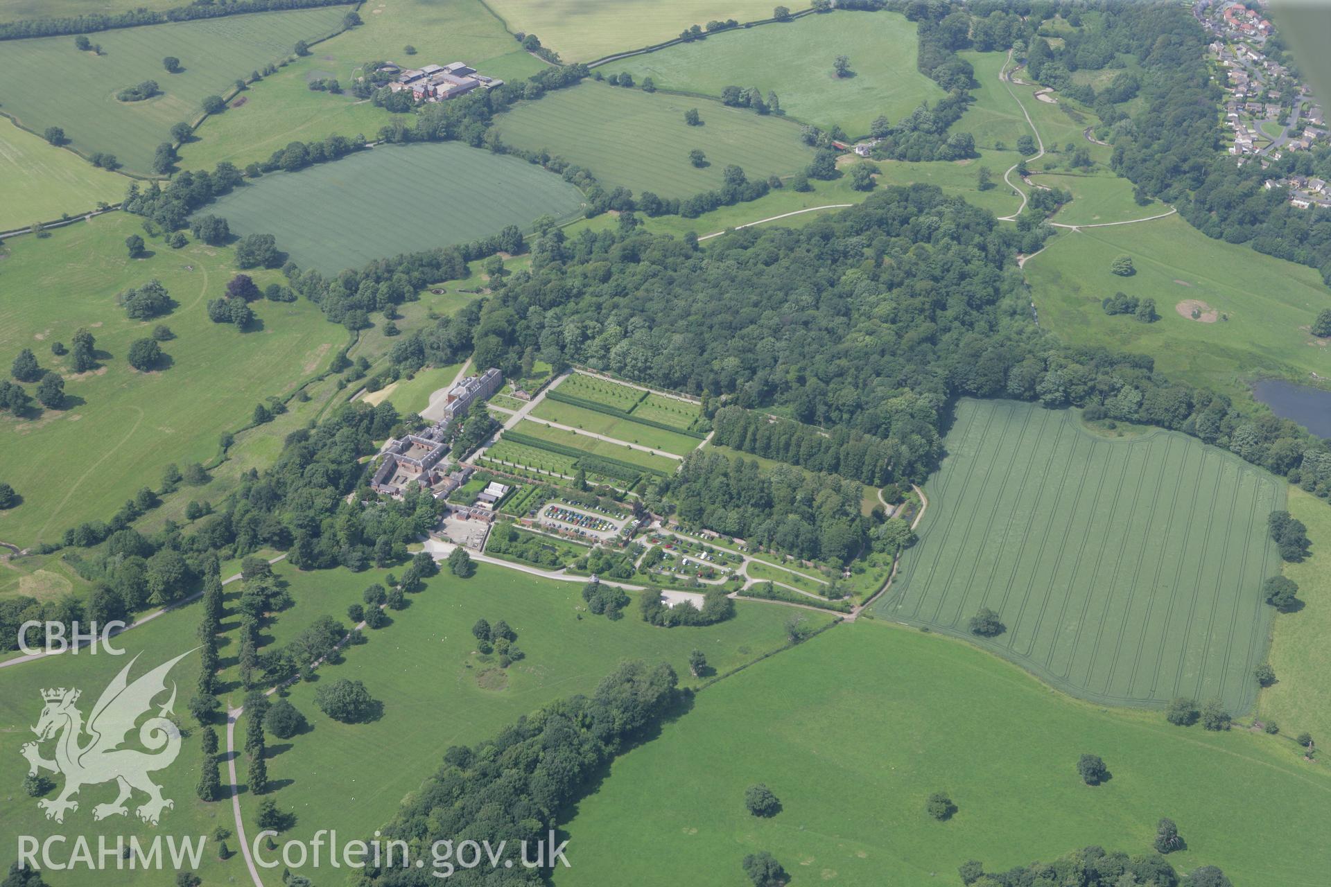 RCAHMW colour oblique photograph of Wat's Dyke, section extending from Middle Sontley to Erddig Park, with Erddig Park and Erddig Motte and Bailey Castle. Taken by Toby Driver on 01/07/2008.