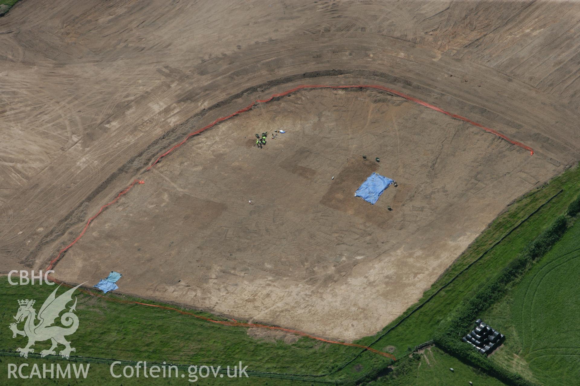 RCAHMW colour oblique photograph of Mosshall Neolithic Settlement, Gresford, under excavation by Clwyd Powys Archaeological Trust. Taken by Toby Driver on 01/07/2008.