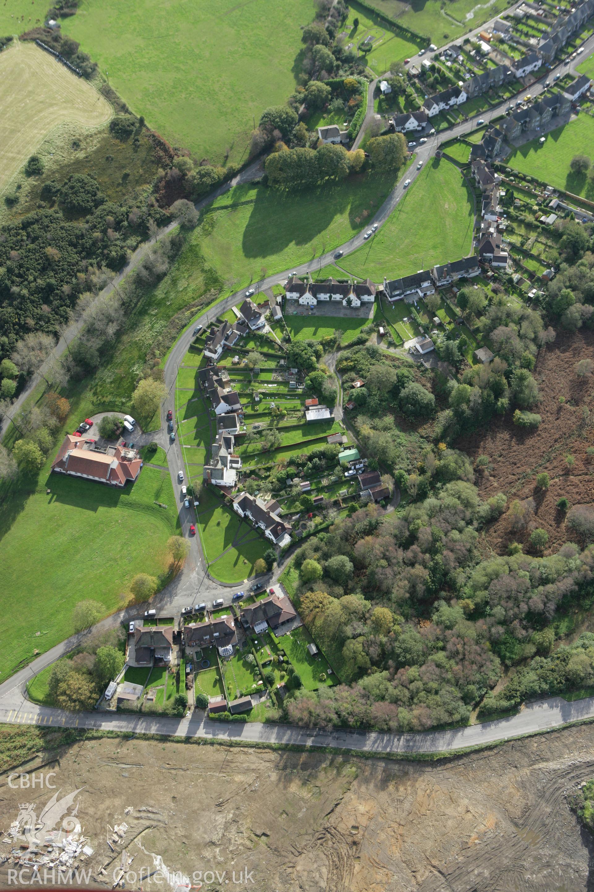 RCAHMW colour oblique photograph of Llandarcy village. Taken by Toby Driver on 16/10/2008.