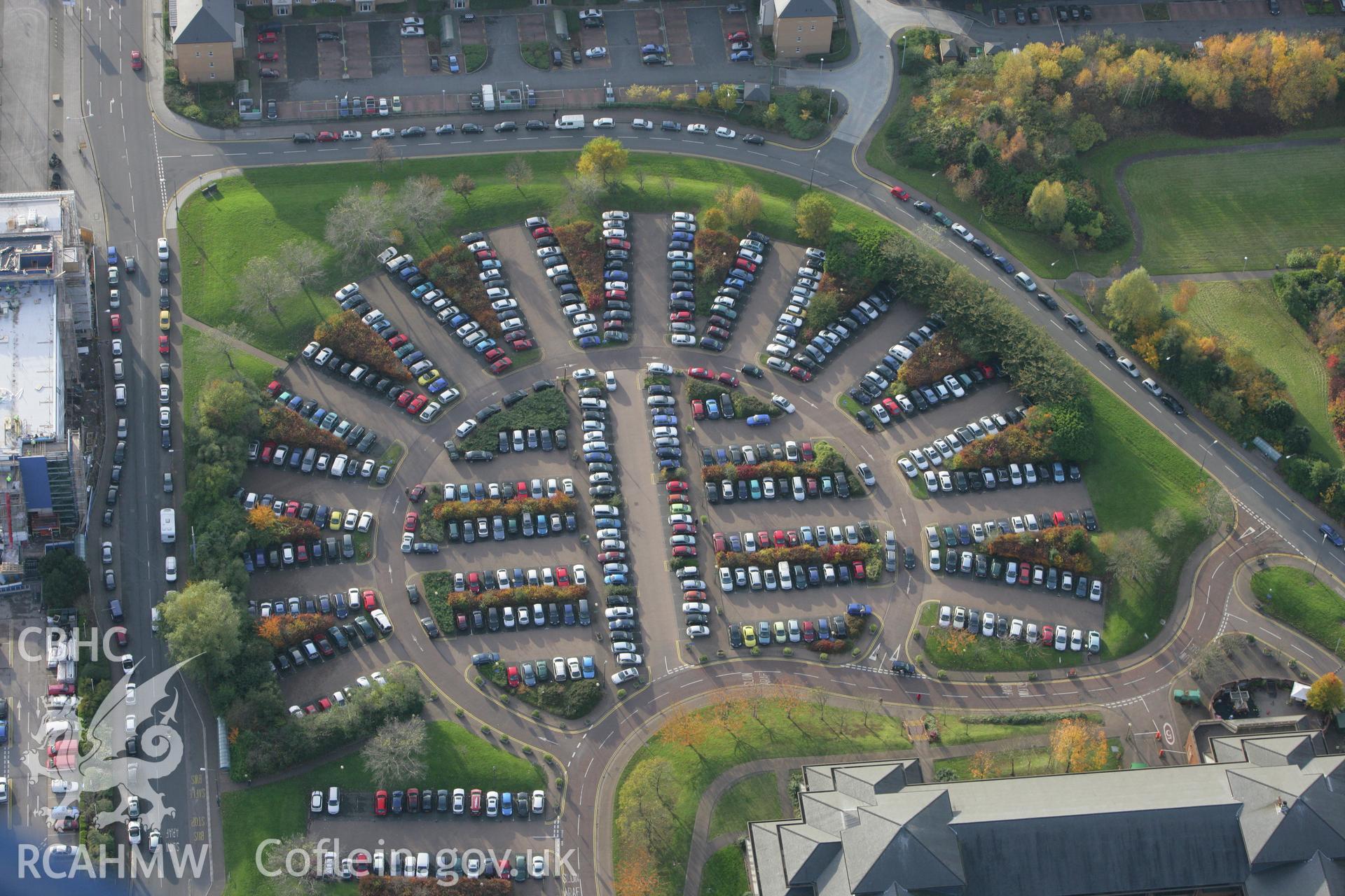 RCAHMW colour oblique photograph of cars at South Glamorgan County Hall. Taken by Toby Driver on 12/11/2008.