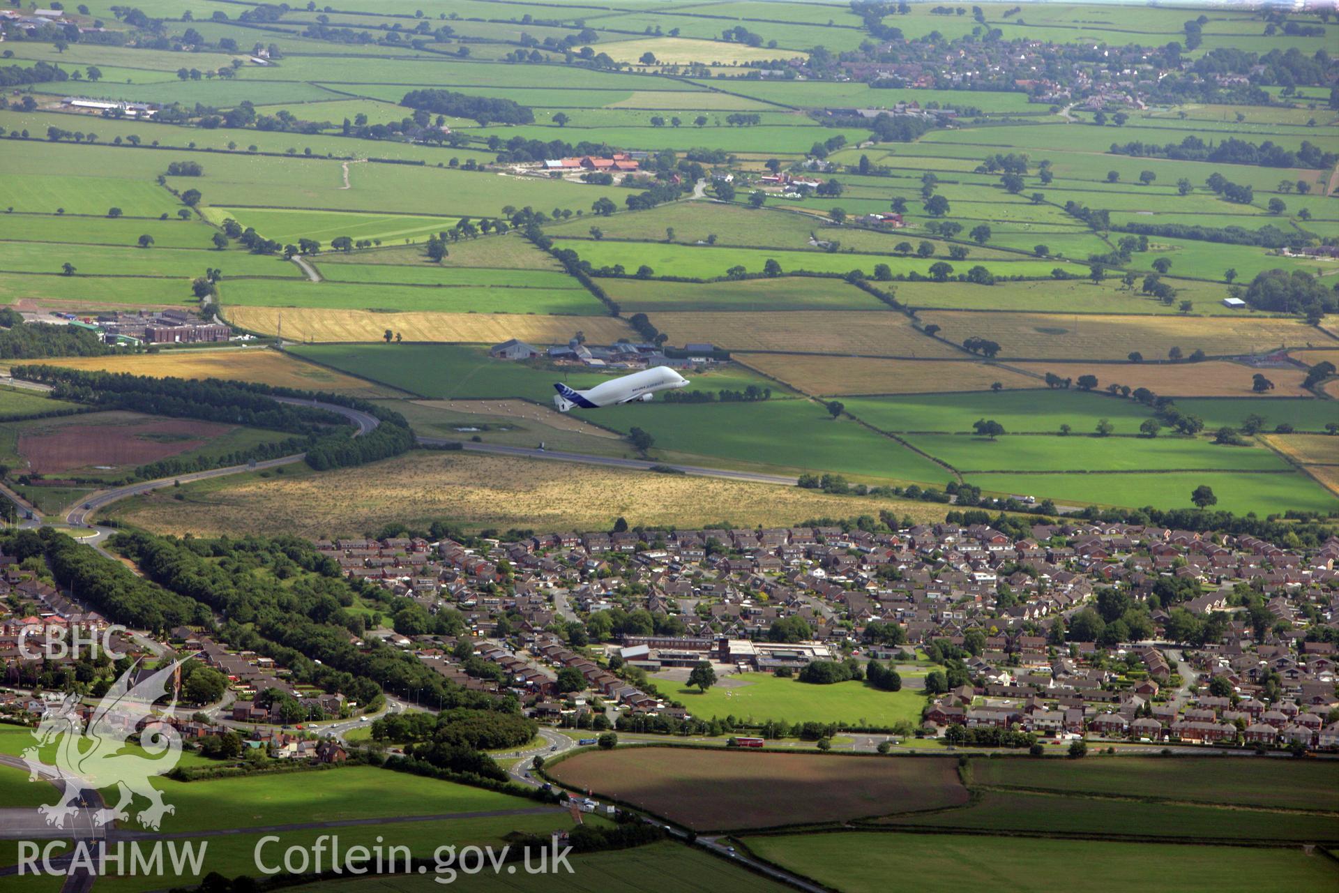 RCAHMW colour oblique photograph of Airbus Beluga, having just taken off from Hawarden Airfield. Taken by Toby Driver on 01/07/2008.