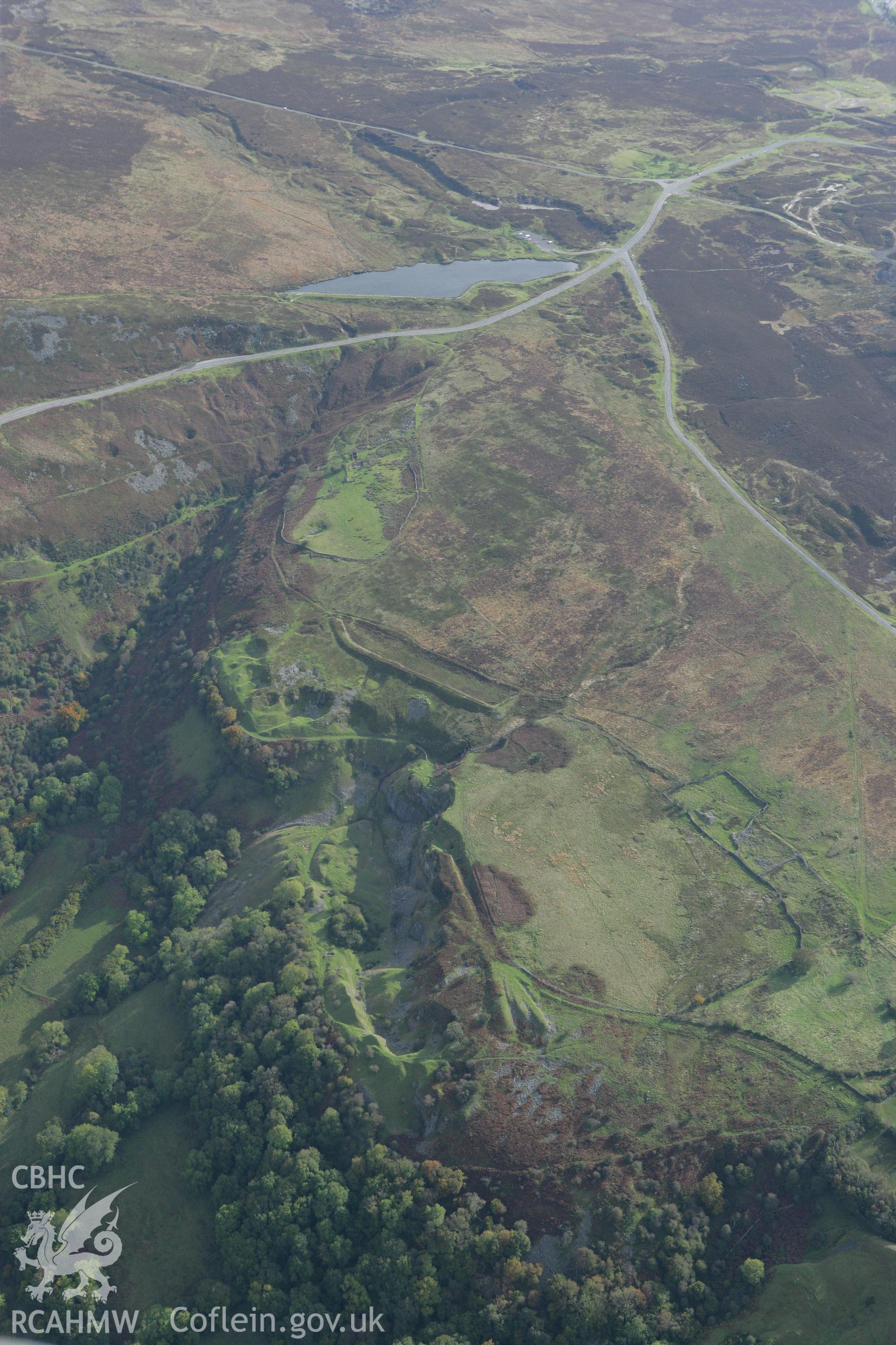 RCAHMW colour oblique photograph of Pwll-Du Limestone Quarries and Balance Shaft. Taken by Toby Driver on 10/10/2008.