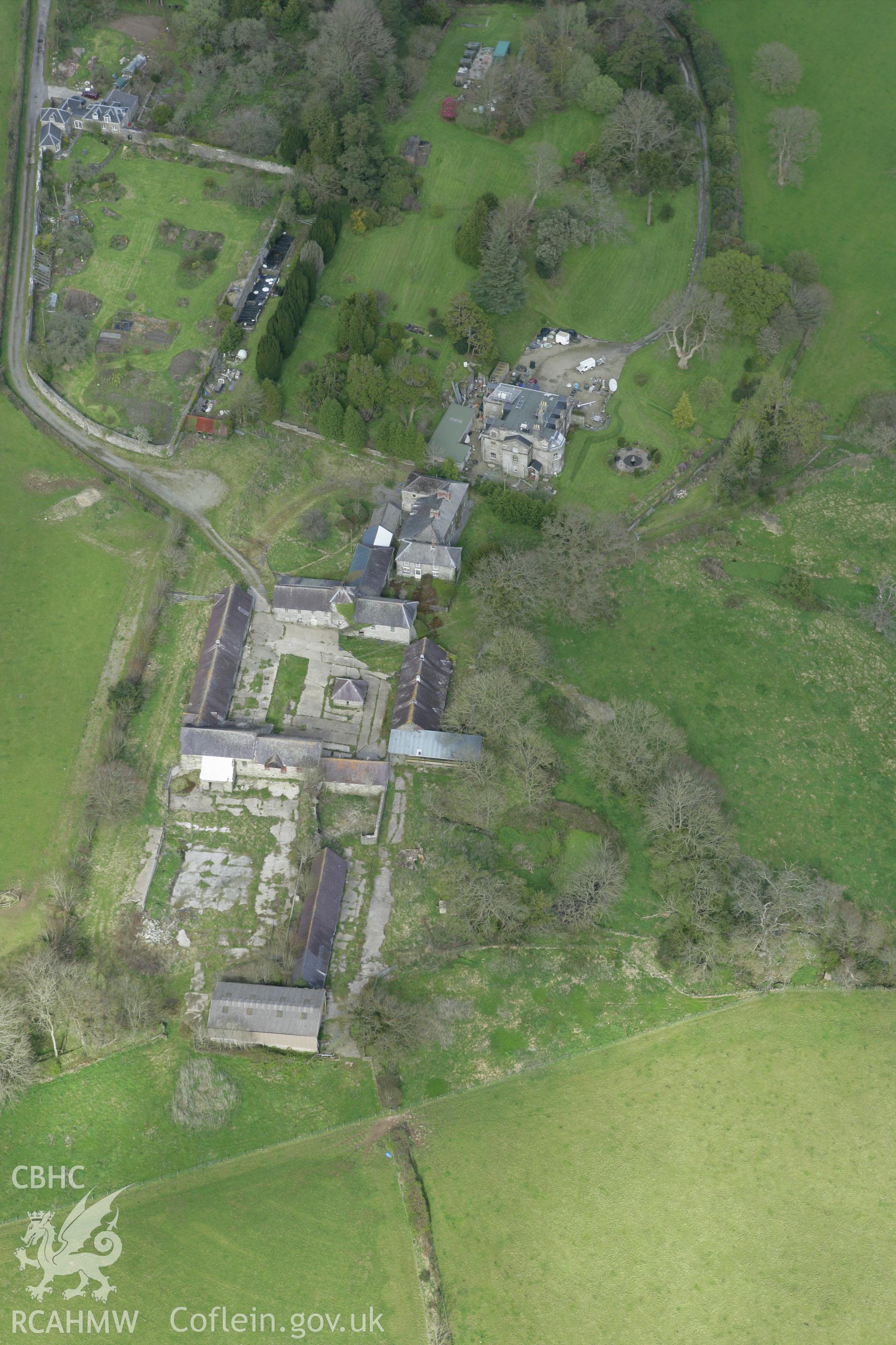 RCAHMW colour oblique photograph of Pentre Mansion and gardens, Newchapel. Taken by Toby Driver on 24/04/2008.