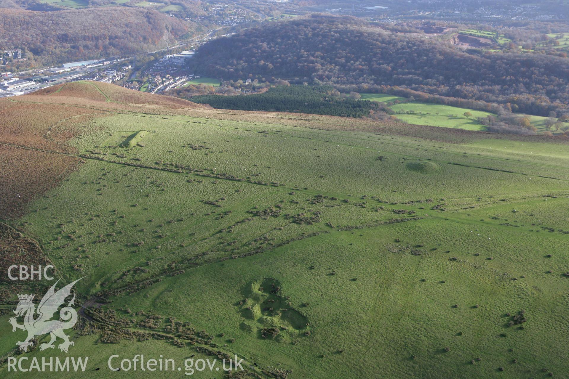 RCAHMW colour oblique photograph of Garth Hill Barrow V and Garth Hill Long Mound. Taken by Toby Driver on 12/11/2008.