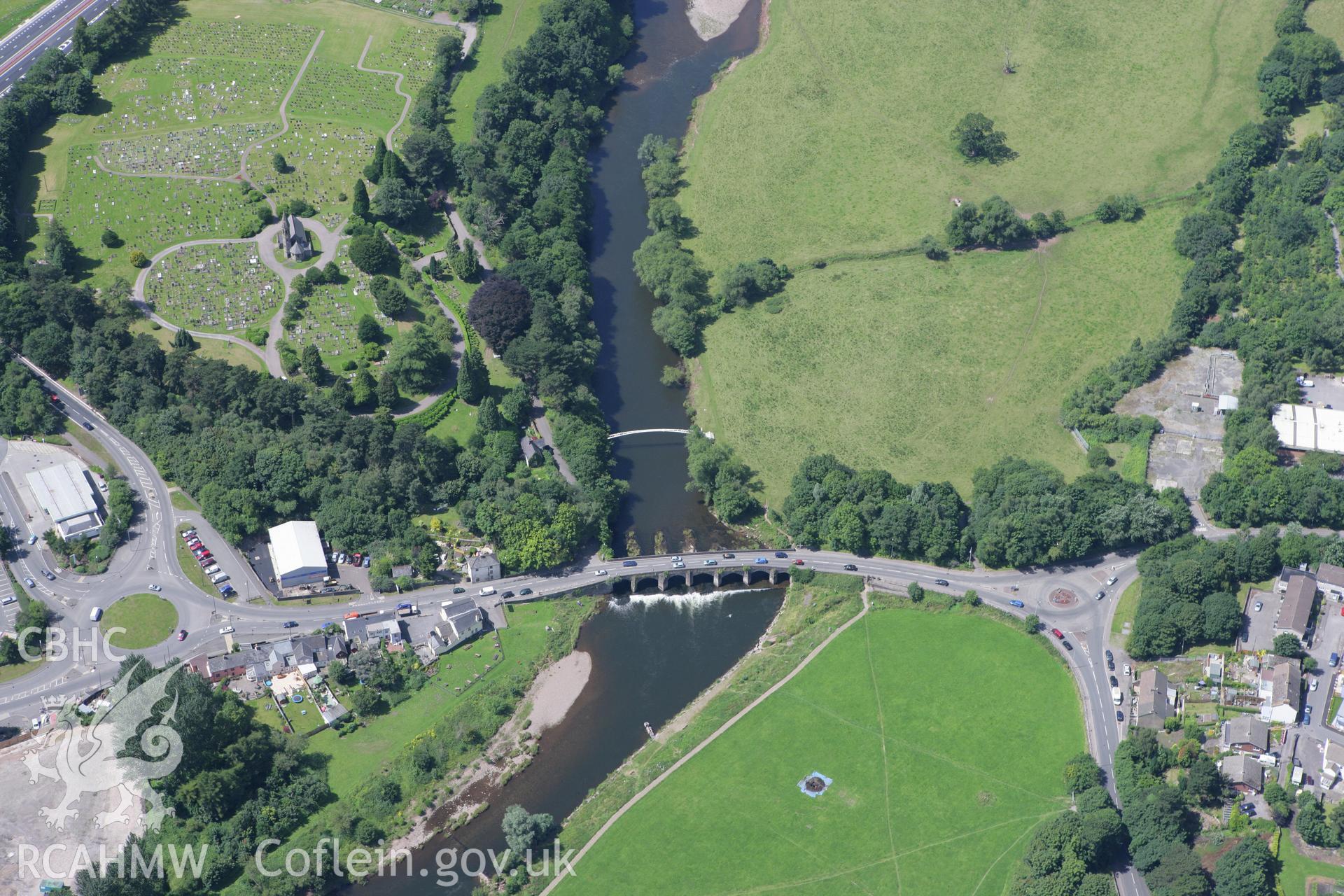 RCAHMW colour oblique photograph of Abergavenny Bridge, with New Cemetery Chapel. Taken by Toby Driver on 21/07/2008.