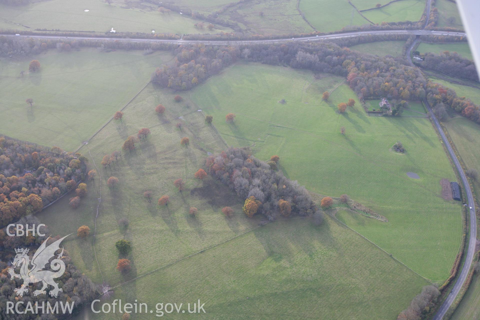 RCAHMW colour oblique photograph of earthwork of field system, Tregochas, St Fagans. Taken by Toby Driver on 12/11/2008.