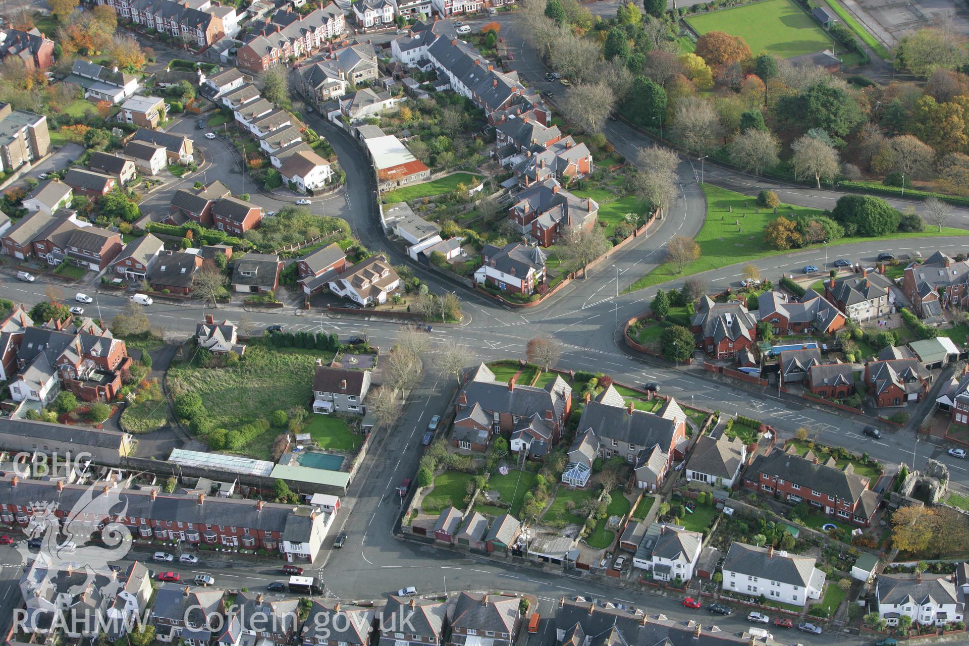 RCAHMW colour oblique photograph of Park Road, Barry with Barry Castle. Taken by Toby Driver on 12/11/2008.