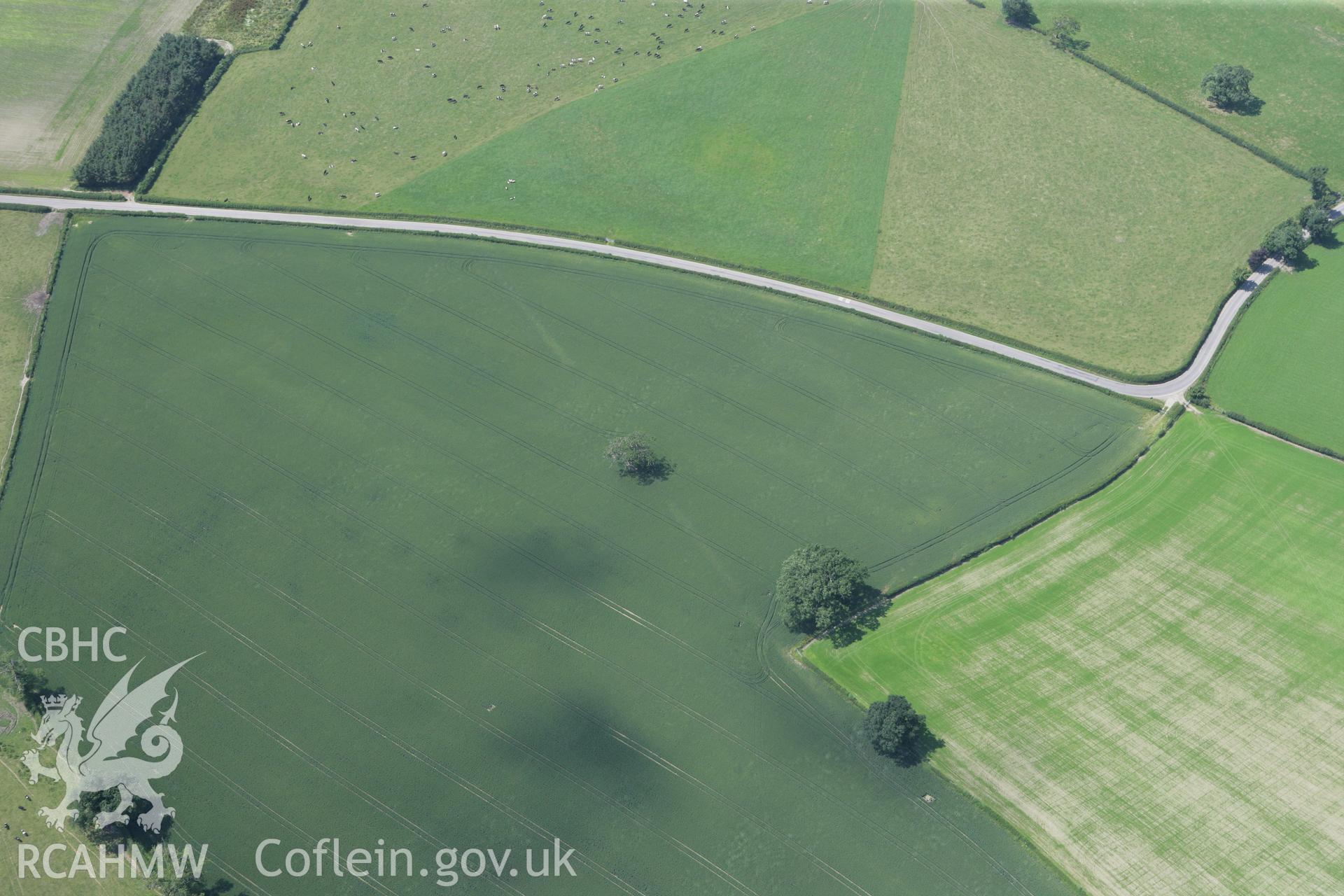 RCAHMW colour oblique photograph of Forden Gaer Roman Marching Camp. Taken by Toby Driver on 01/07/2008.