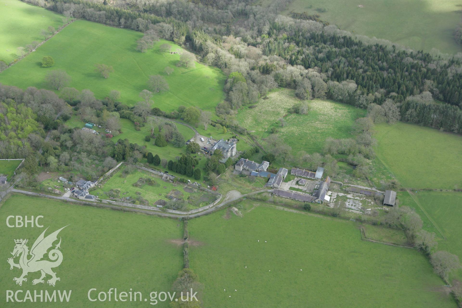 RCAHMW colour oblique photograph of Pentre Mansion and gardens, Newchapel. Taken by Toby Driver on 24/04/2008.